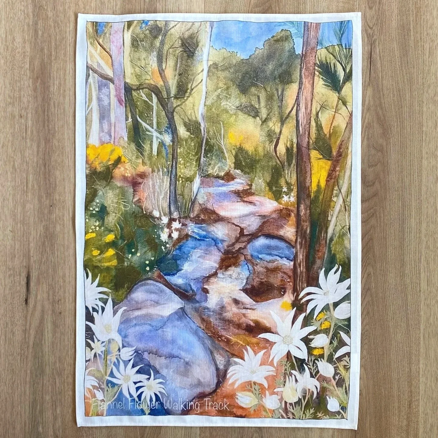 Flannel Flower Walking Track Tea Towel by Sancha Prowse Designs