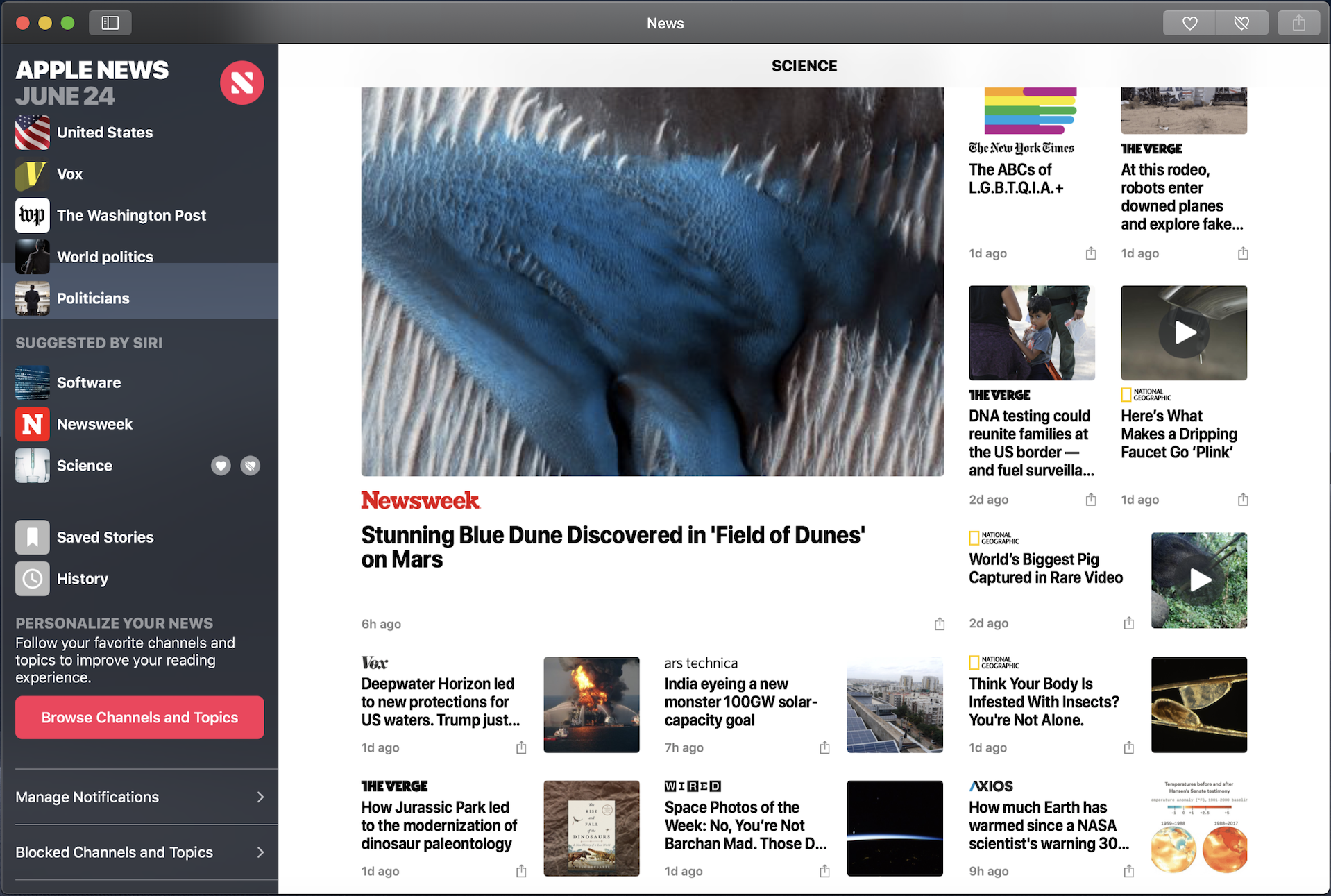 Mojave's News app is built using UIKit, but looks and works like other Mac titles. You can dismiss the sidebar to focus on a single, uncluttered view of an article. 