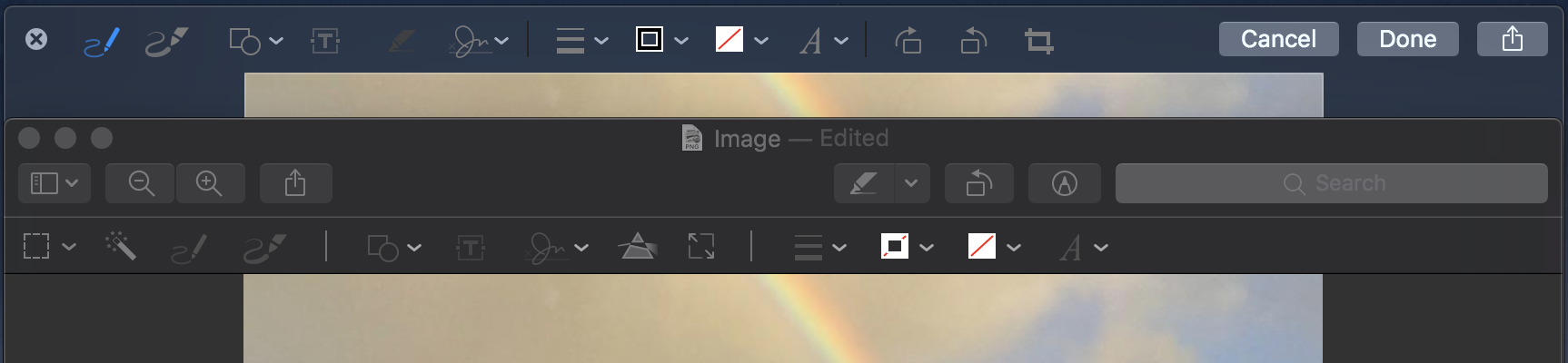 A Quick Look panel and Preview window of the same image present slightly different Markup tools. 