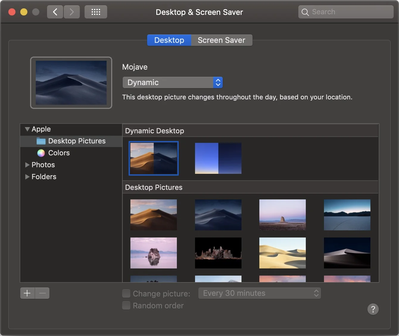 Dynamic Desktop is now working, but currently only provides two options