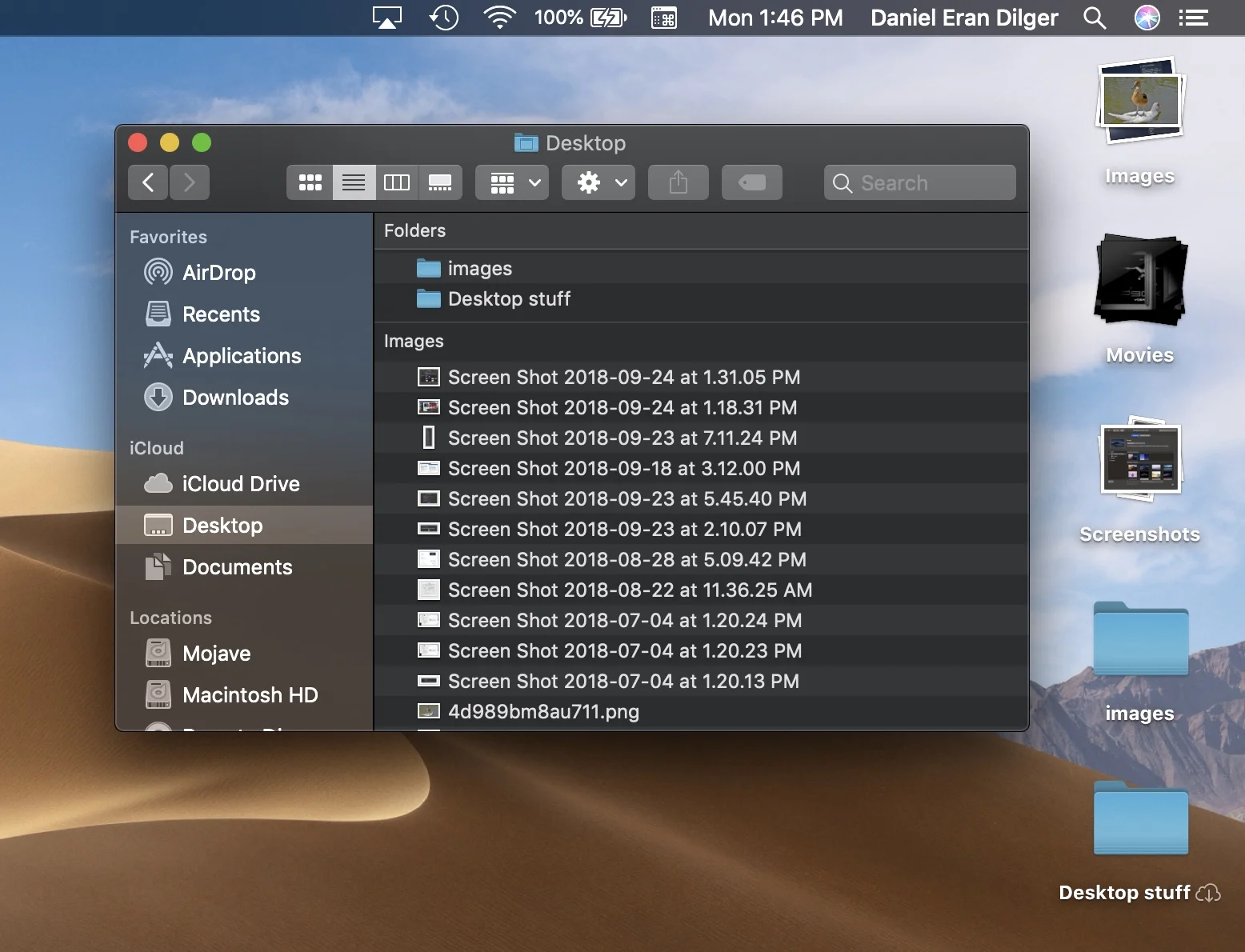 When grouping by kind, Stacks separates screenshots from images. Finder windows don't.