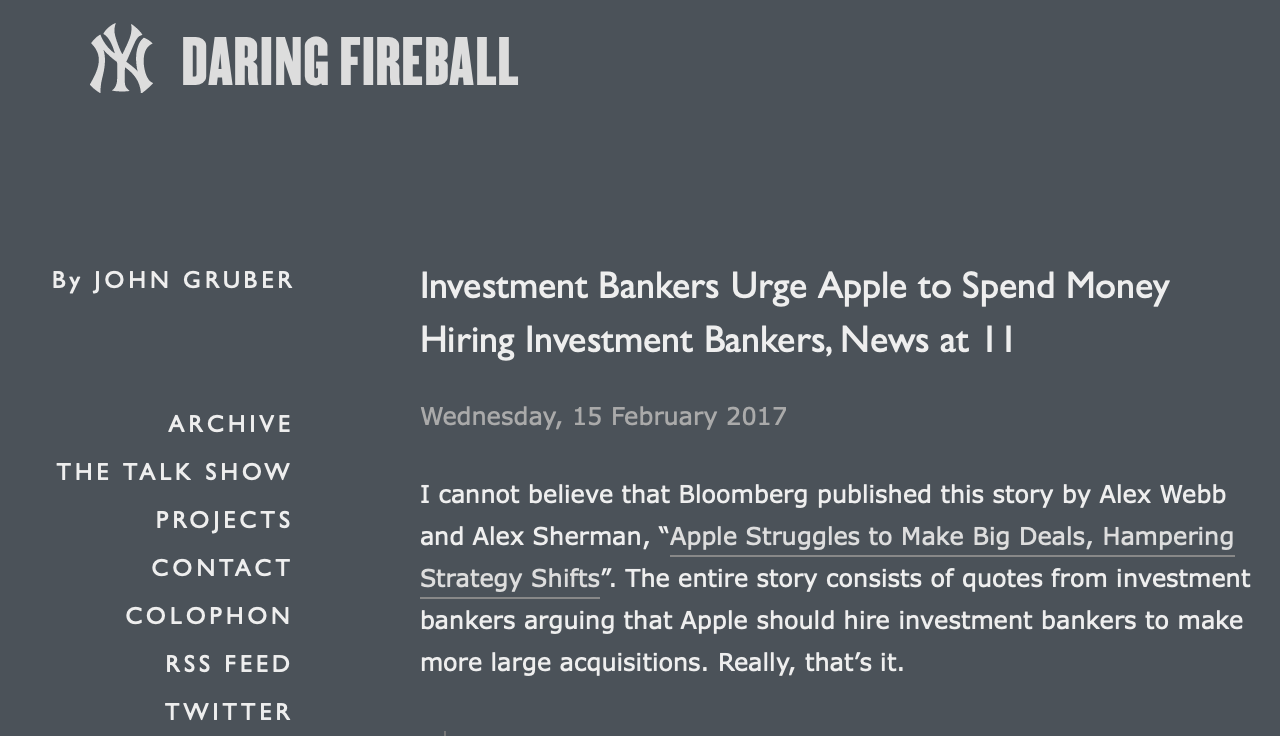 In one of its longer reports, Daring Fireball dismantled this Bloomberg story on Apple's acquisitions.