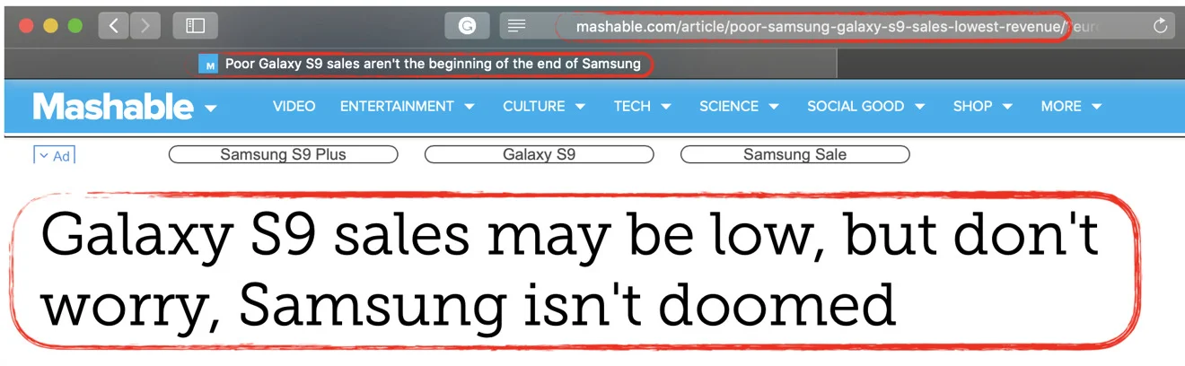 The URL, page title and headline indicate increasingly strident efforts to tone down this story about Samsung's performance
