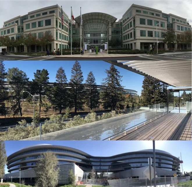1 Infinite Loop (top) was the first of Apple's three largest California campuses