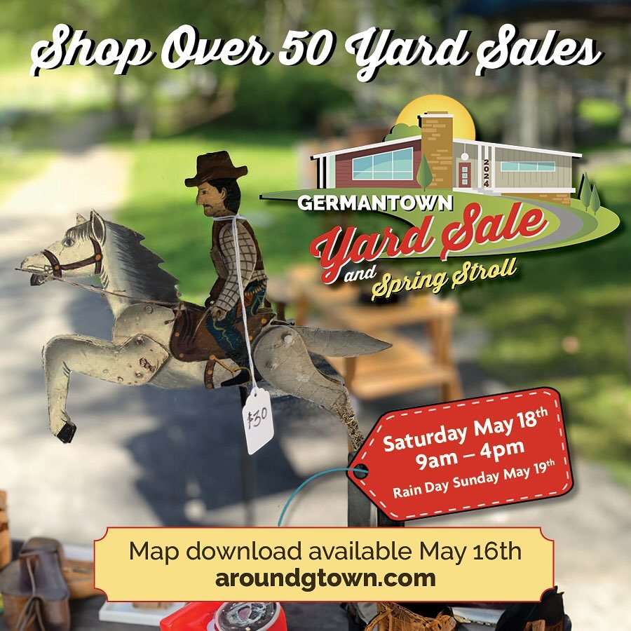 The Germantown Yard Sale Map for this weekend is downloadable today! 

Saturday May 18th (Rain Date : May 19th) 
We will be set up in front of the Laundromat 
from 9am - 1pm 🌳

Other Happenings ~

Palatine Manor hosts a special yard sale as well on 
