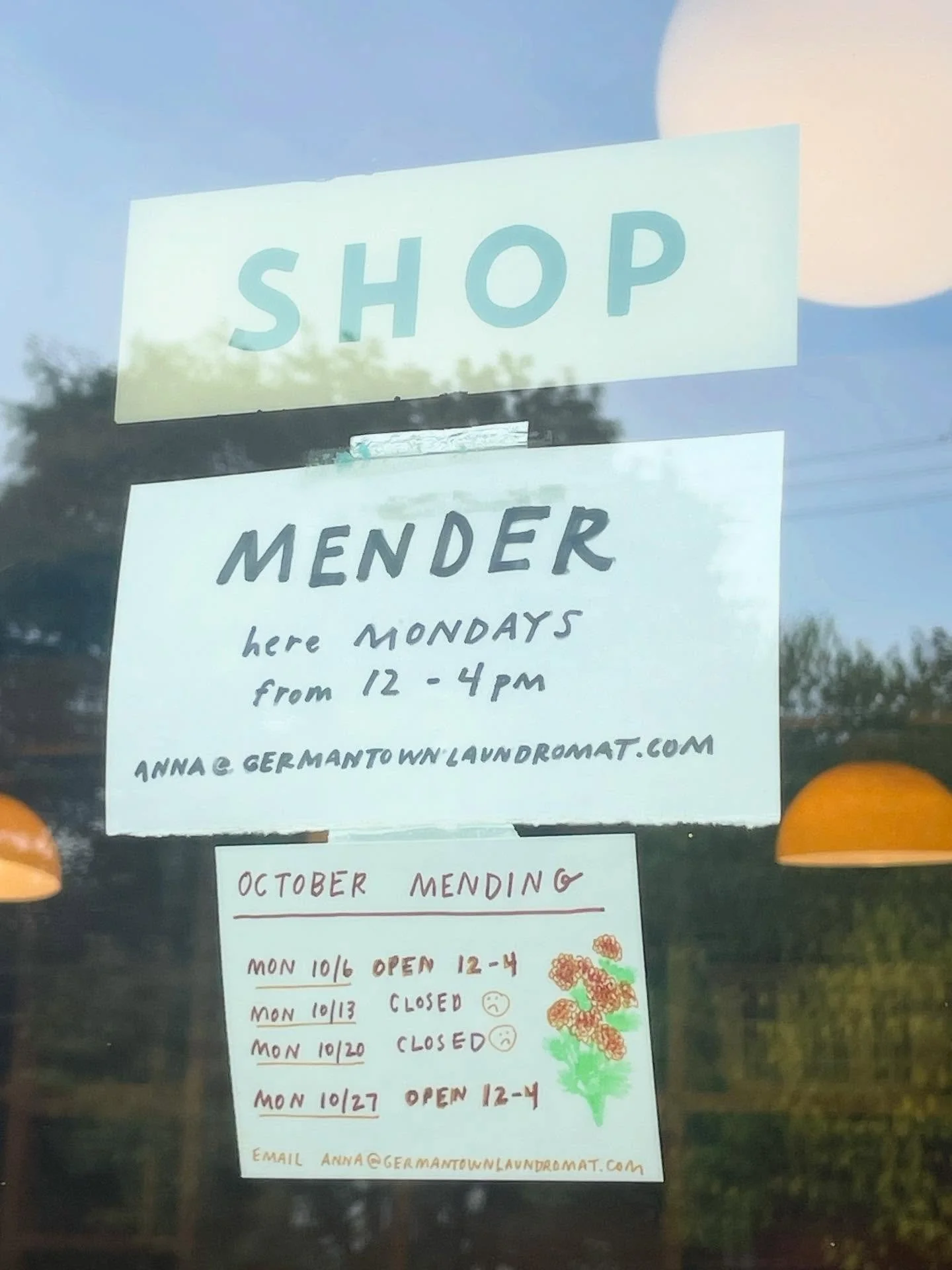 Happy October! 🍂

Come in for our mending shop hours next Monday the 6th and the last Monday of the month, the 27th, from 12-4pm. Get in touch with Anna for any questions! anna@germantownlaundromat.com