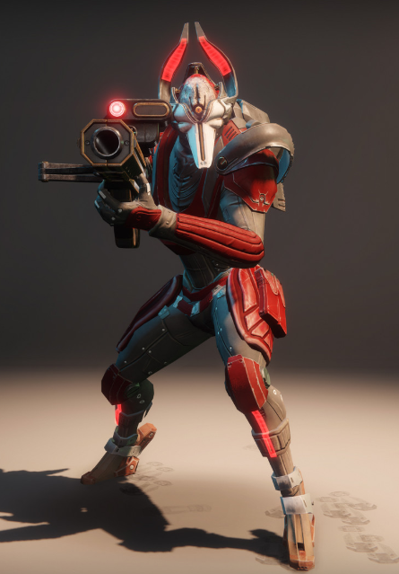 A Psion wielding their primary weapon, the Cabal Headhunter sniper rifle. I was responsible for the implementation and design tuning of this weapon, and contributed the VFX for the laser sight.