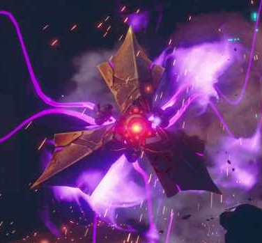 A laser firing version of the Vex Harpy, identifiable as a laser version by the purple coloration.