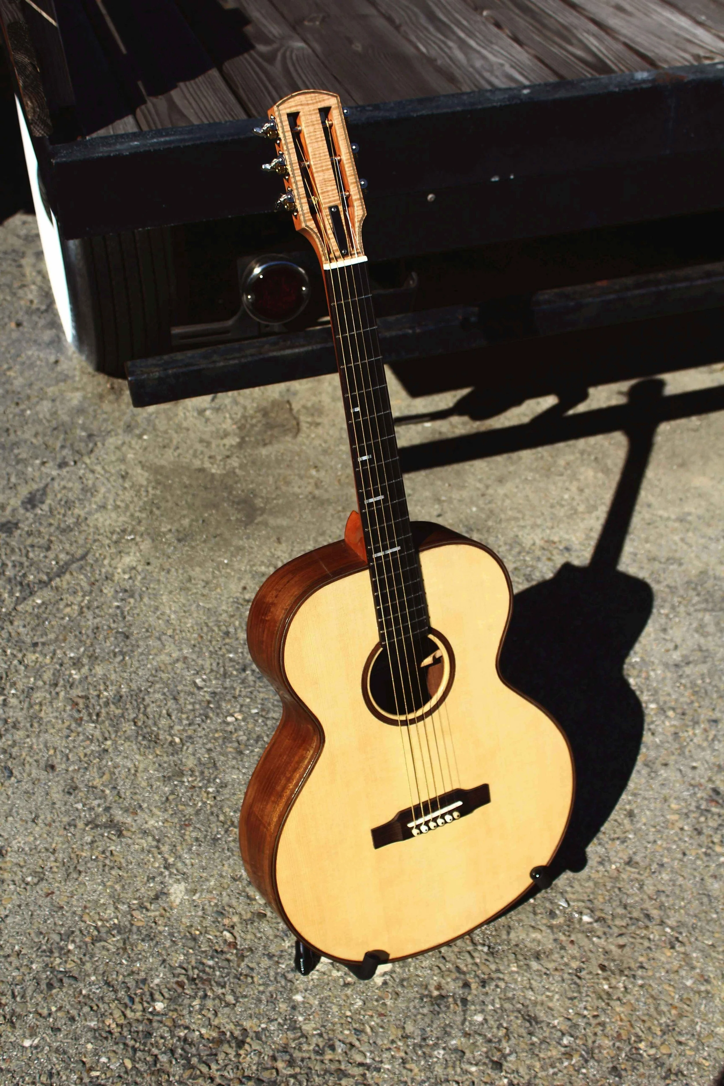 claro walnut and engelmann spruce large bodied acoustic guitar in the sunshine custom made steel string slotted headstock vintage style boutique custom guitar