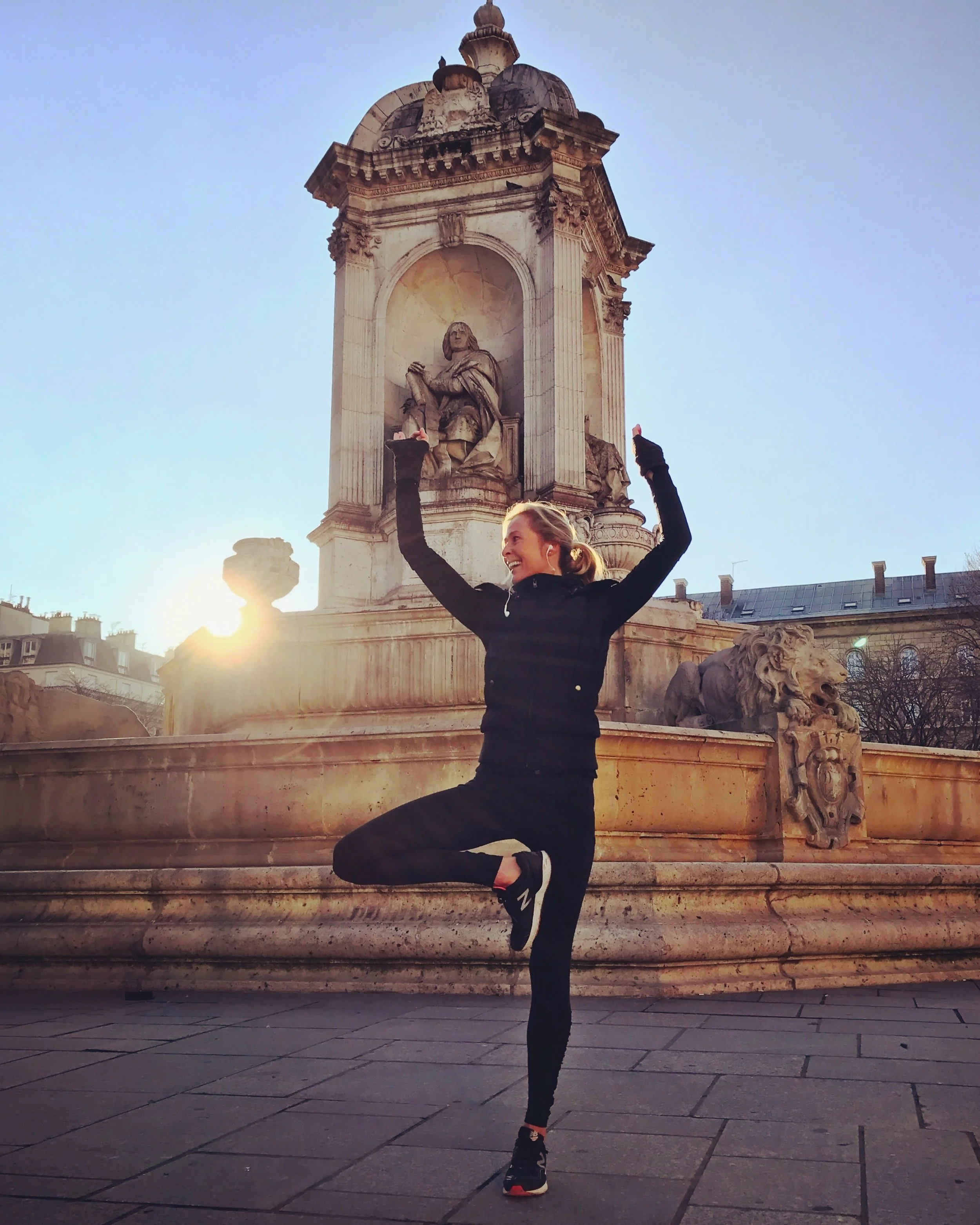 Post-run yoga stretches in minus 2 degree Celsius conditions, St Sulpice, Paris