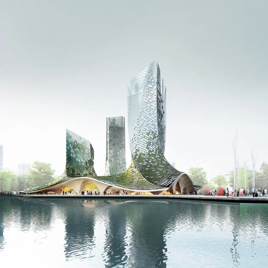 Au sud-ouest de Shanghai, l’agence d’architecture française XTU veut ériger en association momentanée son projet de quatre tours (‘French Dream Town’; Hangzhou) aux façades torsadées à panneaux en micro-algues.