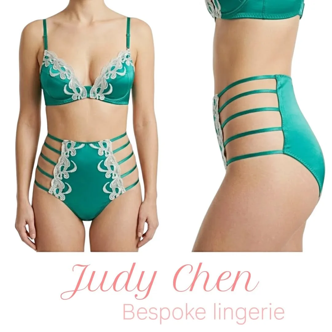 Crafted in luminous emerald silk satin, this bespoke set is adorned with delicate lace embroidery that traces the body with effortless elegance. The softly structured cups enhance your natural silhouette, while the sculpting high-waisted brief with s