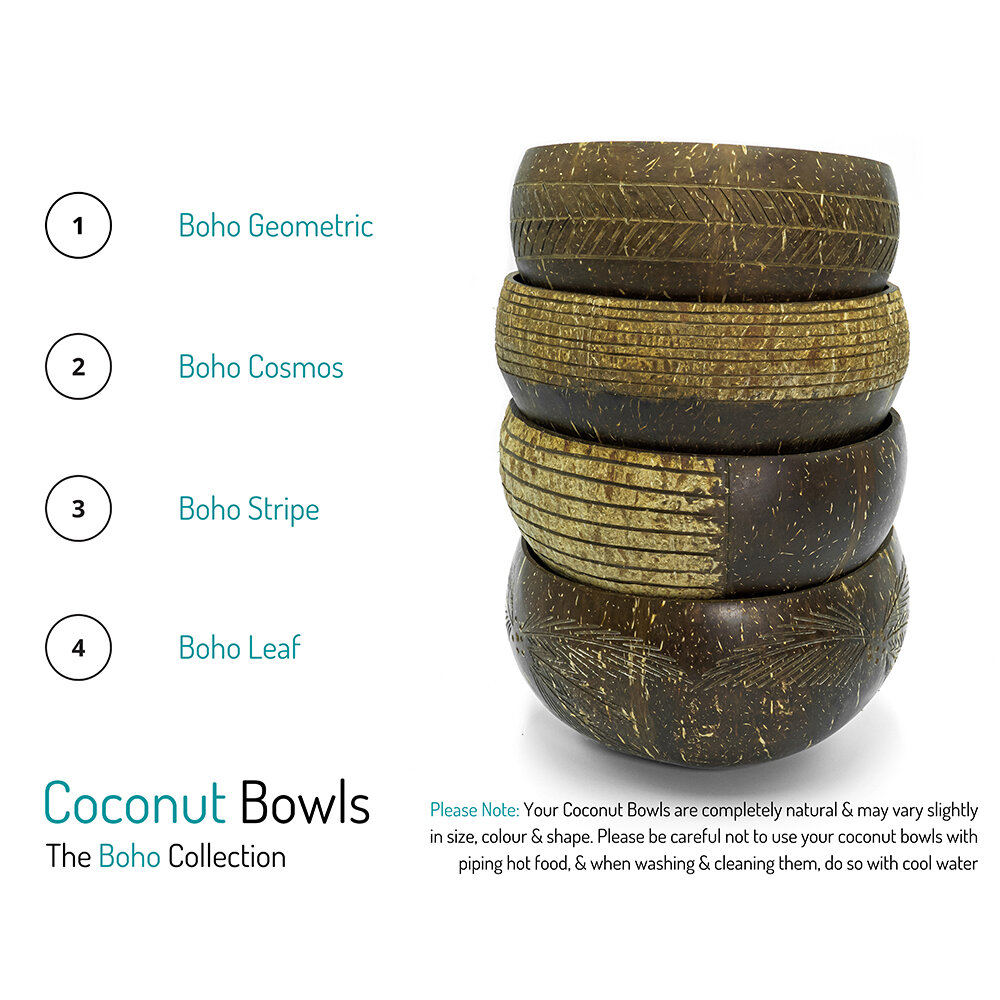 Hand-Carved Design Coconut Bowl Set of 4 NAYOMI Coconut Bowls with Spoons Unique Coconut bowls for smoothies Acai bowls Smoothie bowls and spoons Coconut smoothie bowls Buddha bowls