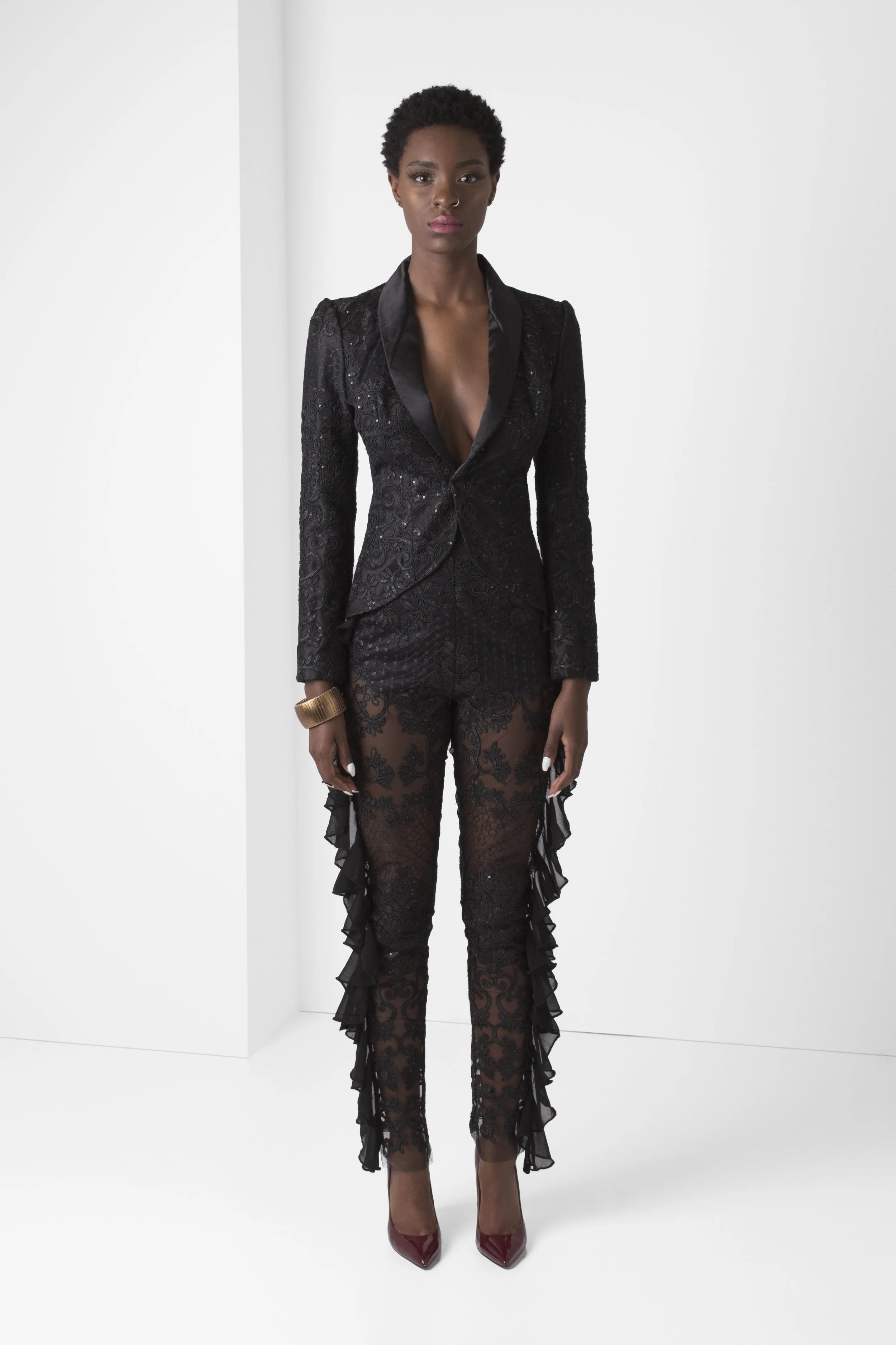 PacoRogiene_NYC_Black_Lace_Blazer_Unlined_Lace_Pants-Chiffon_Ruffle_Side-Seam_Frontview_Ecom_2018_Colored_Expressions_Collection_V1.jpg