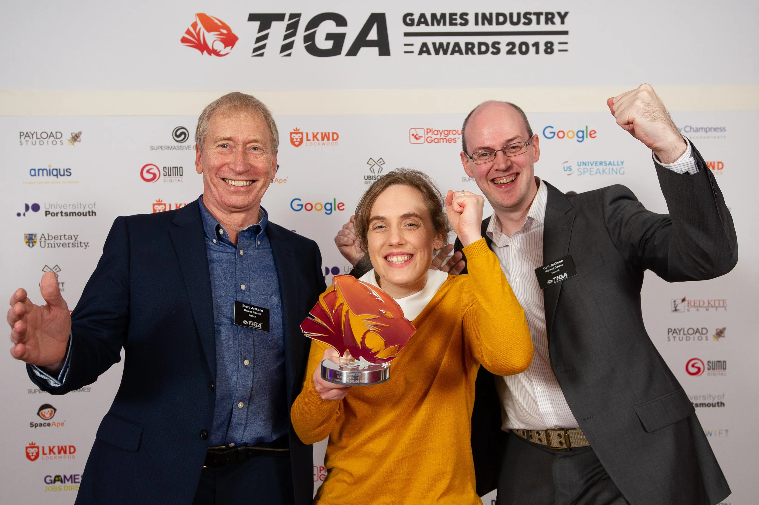 Steve Jackson (left) with Amanda and Carl from Nomad Games