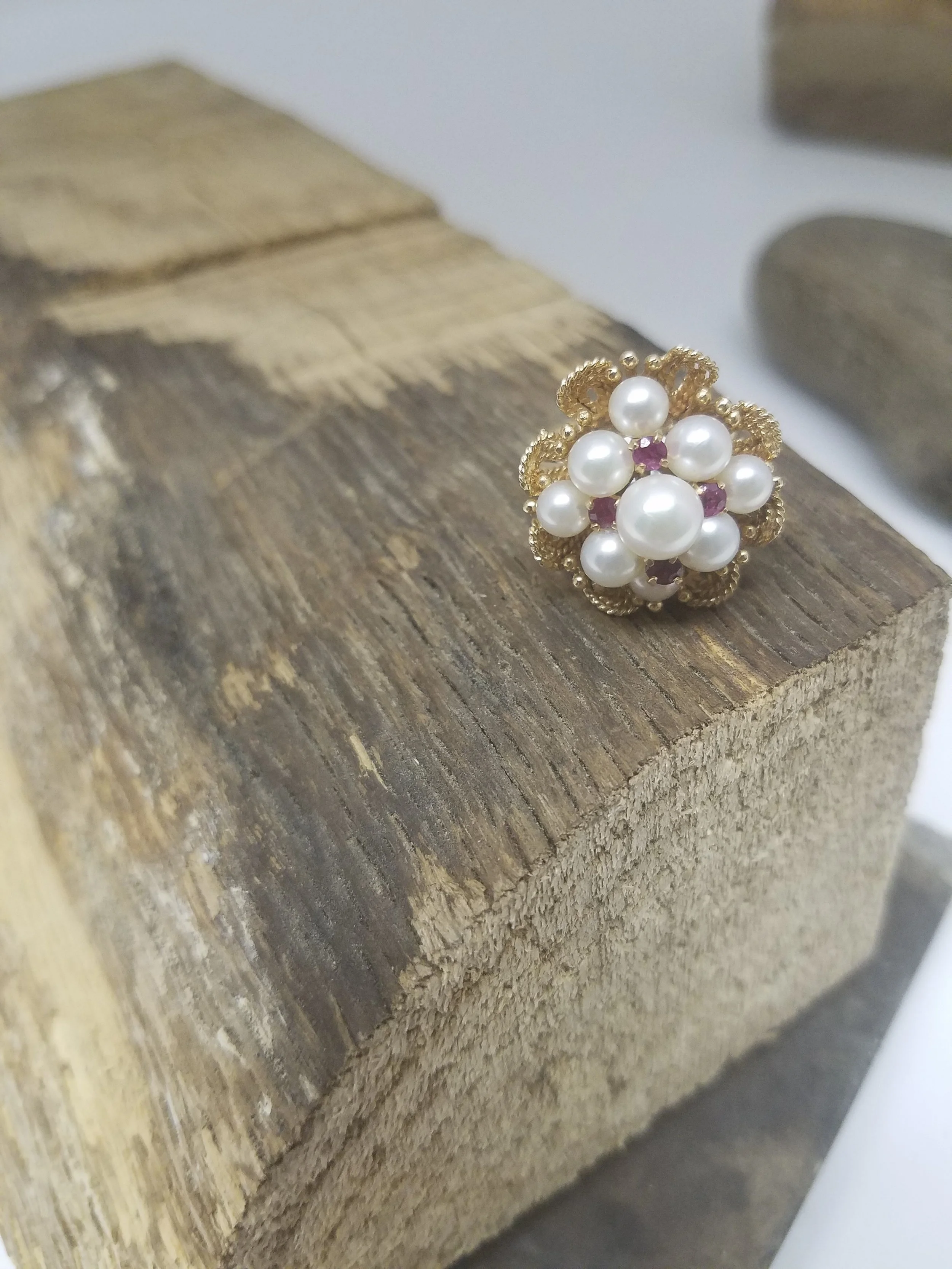1940's 14K Yellow Gold Pearl and Ruby Floral Ring.
