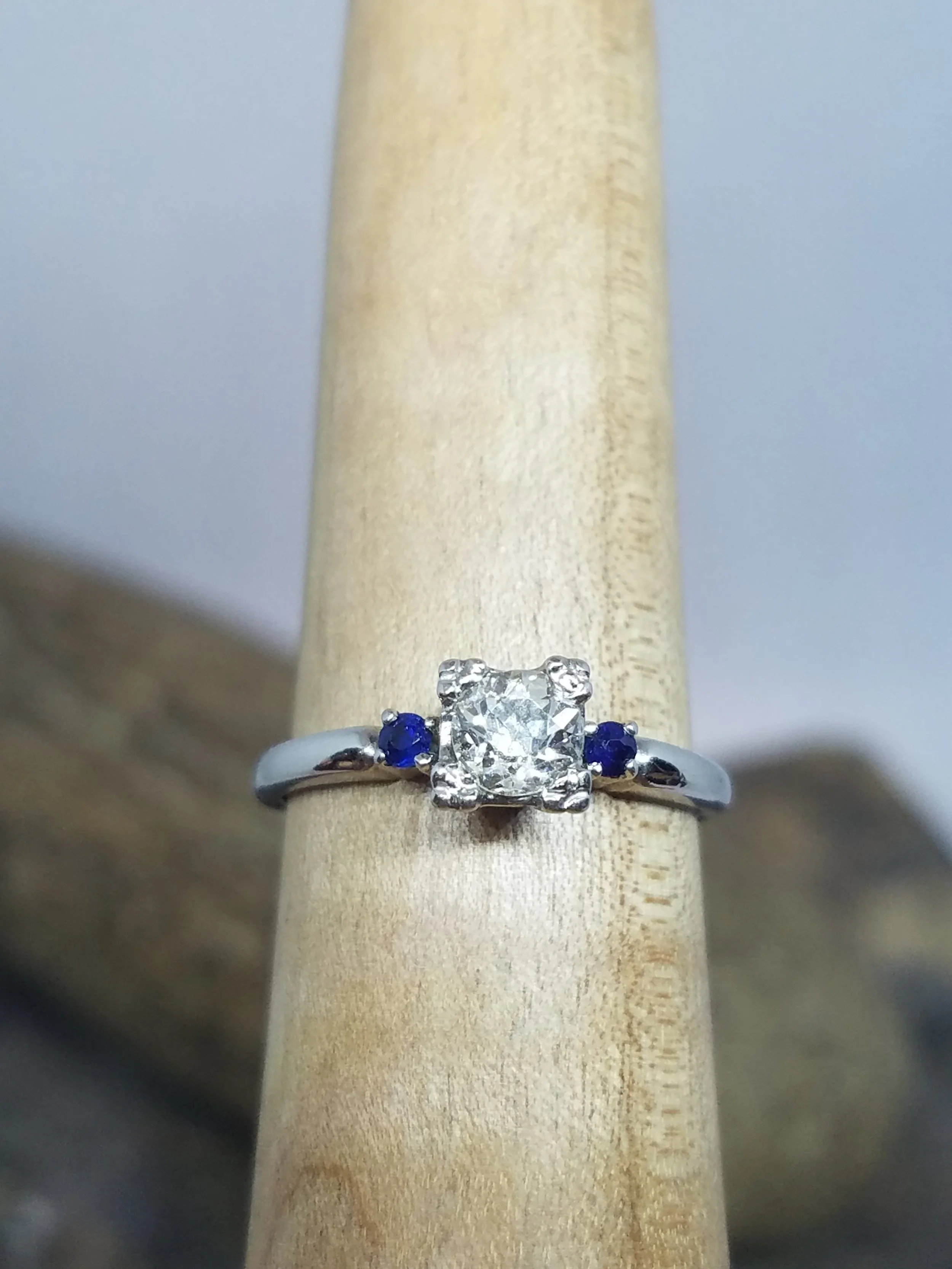 Estate 14K white gold diamond and sapphire ring.