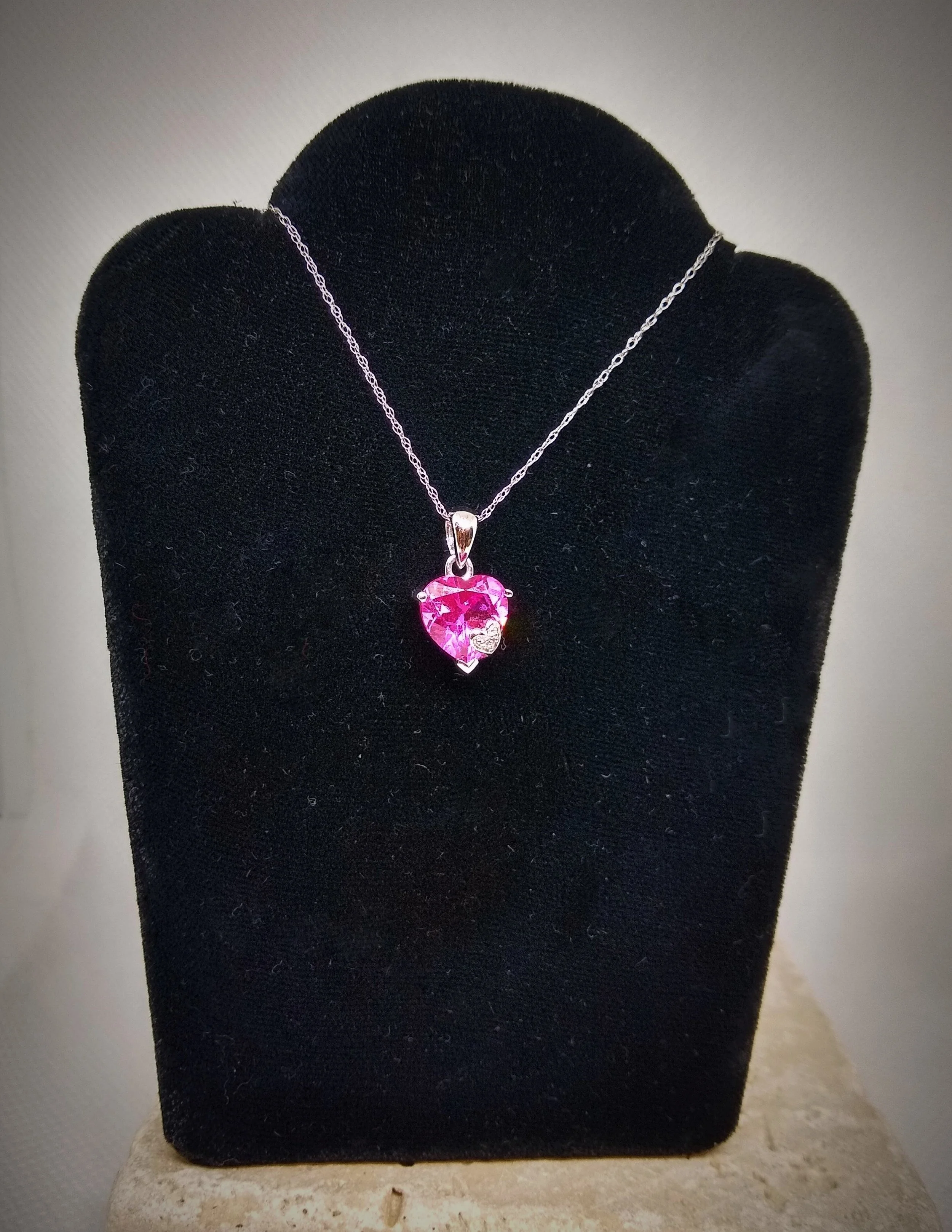 10K White Gold Synthetic Pink Sapphire Heart Pendant.