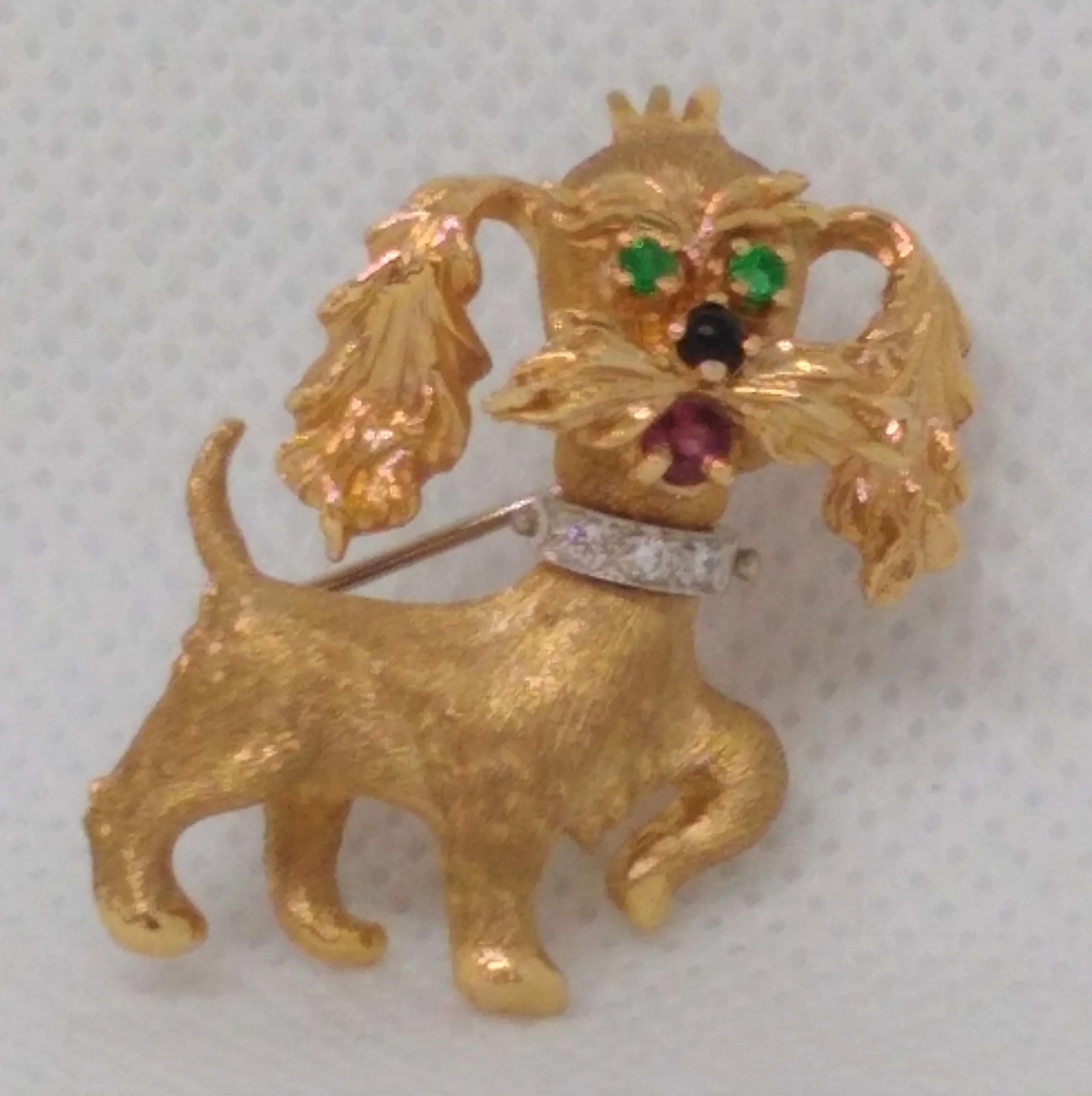 Vintage, Signed Danker, 14K Yellow Gold, Terrier Dog Pin accented with colorful gems.