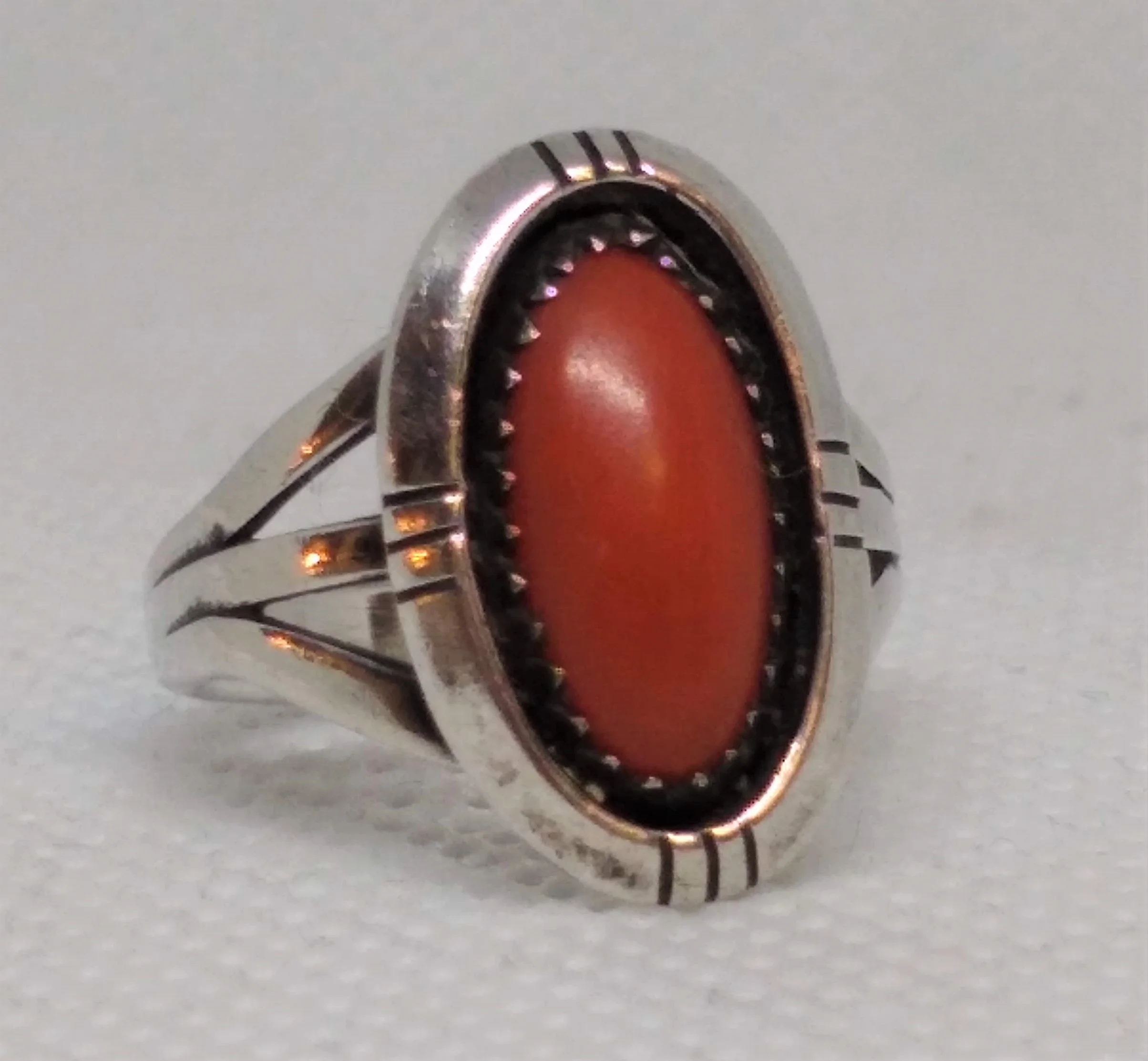 Vintage, Signed, Navajo, Irvin Kee, Sterling Silver Coral Ring. Size 6.5