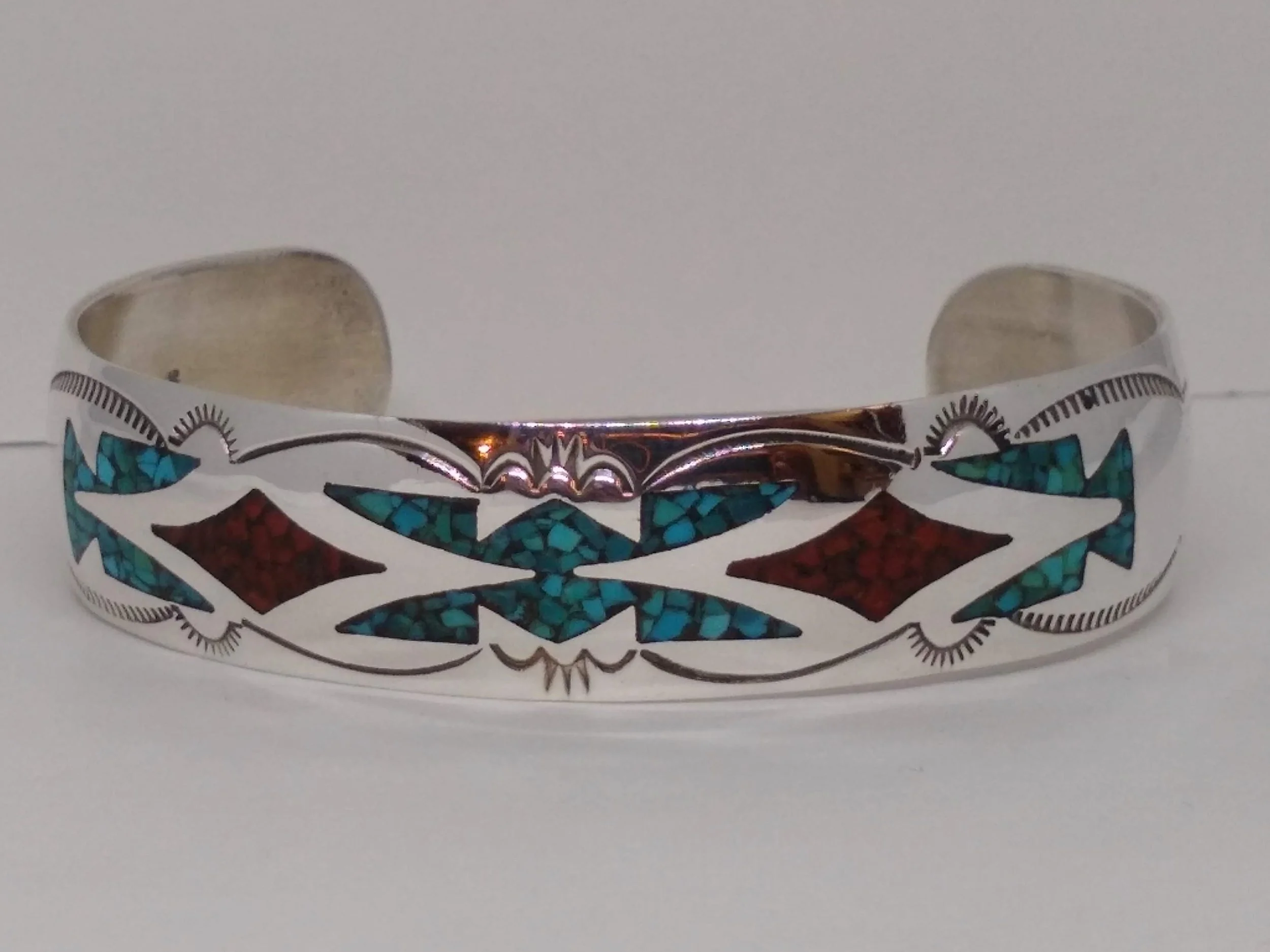 Sterling Silver, Turquoise/ Coral Inlay, Hand Forged and Stamped, Cuff Bracelet.