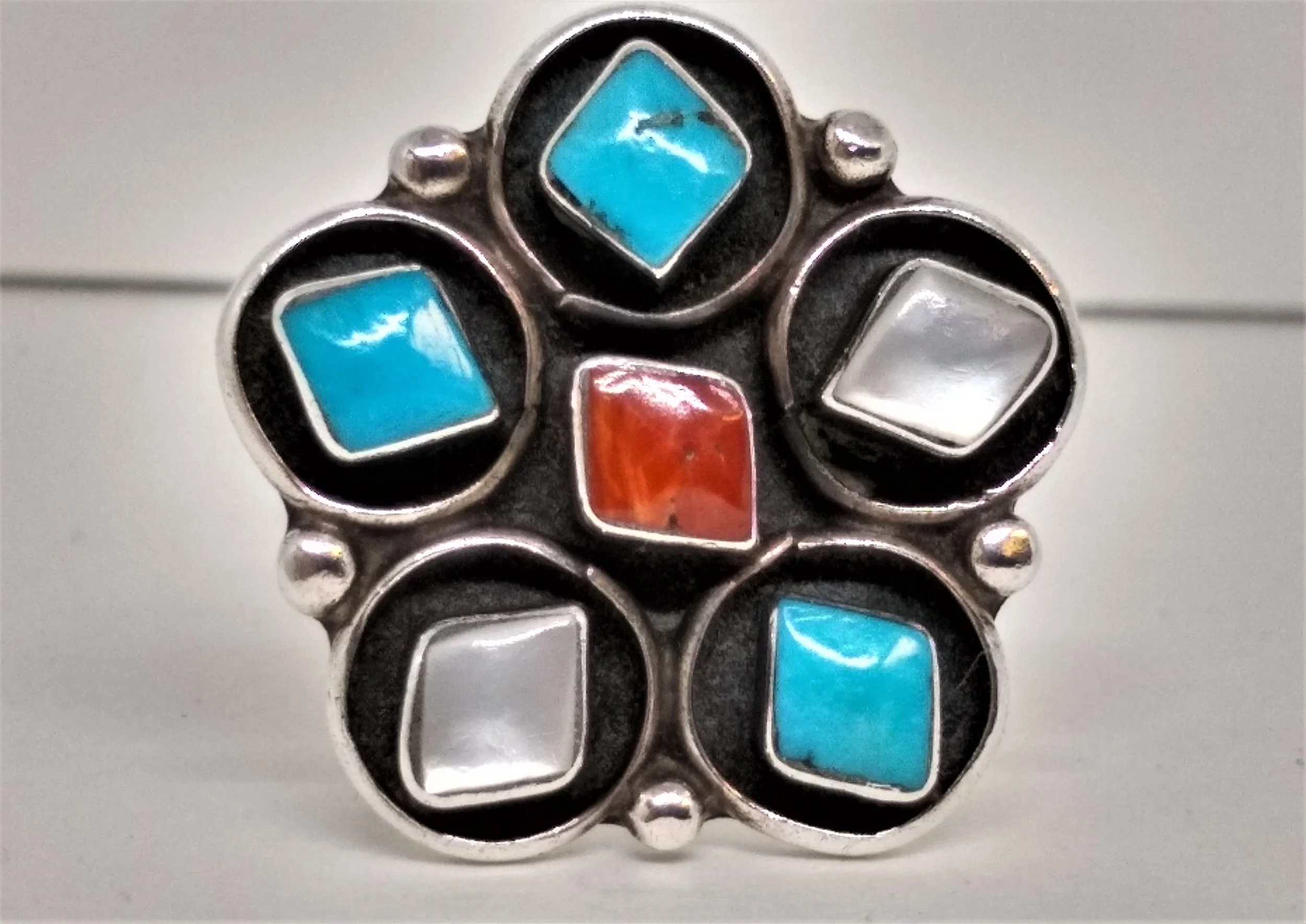 Zuni Jimmie Estate,Signed, Vintage, Turquoise, Coral and Mother of Pearl Ring.