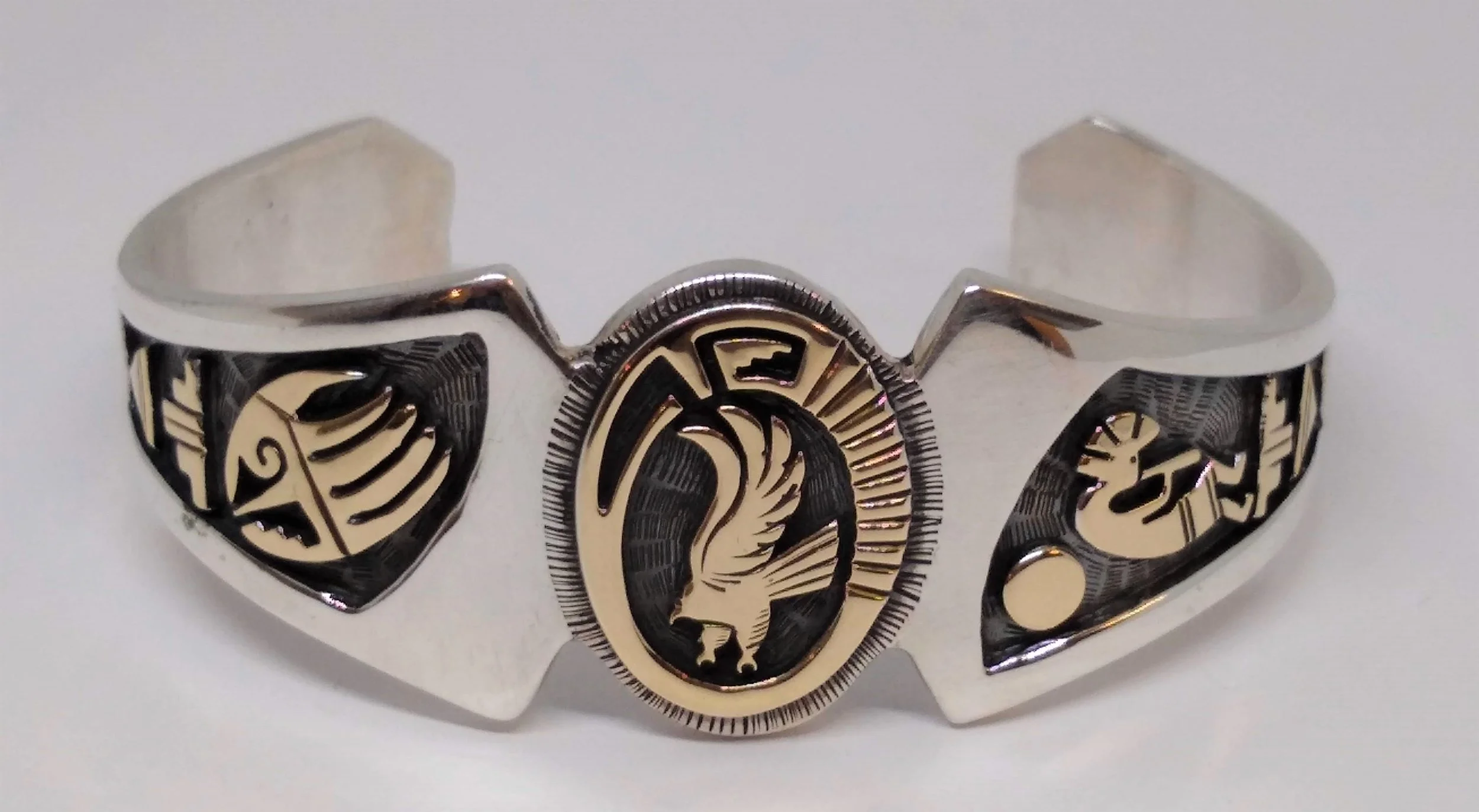 Signed Mark Yazzie, Navajo, Sterling Silver Cuff with 14K Yellow 