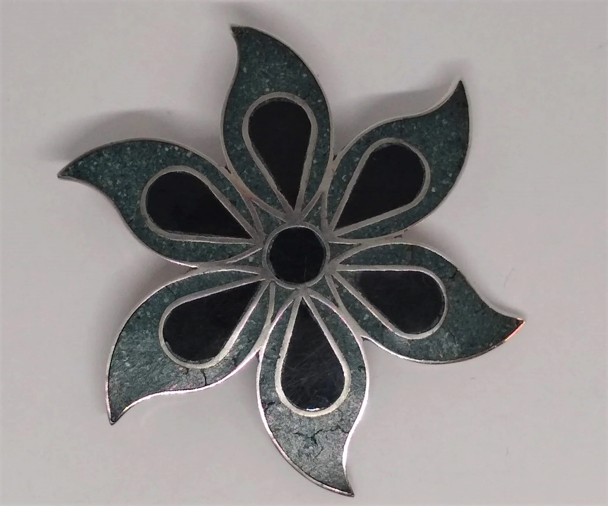 Vtg ,Mexico,MO Campo,925,Granulated Turquoise and Onyx Inlay Floral Pin/ Pendant