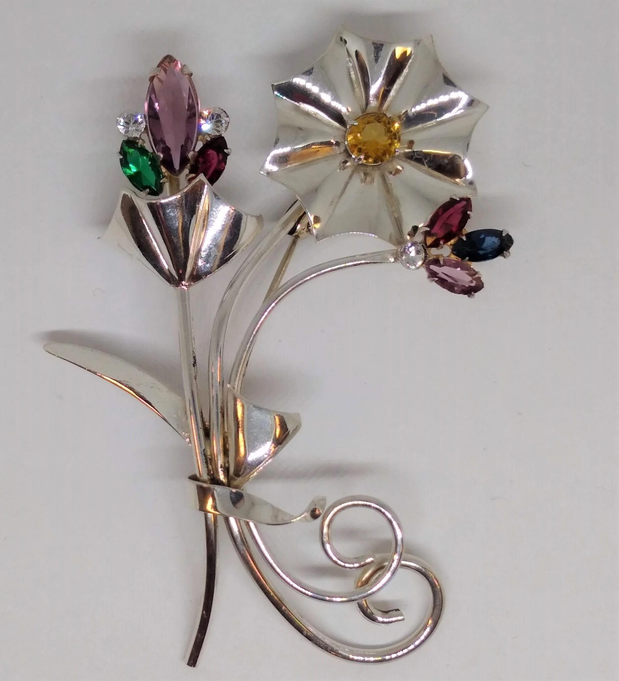 Vintage, Sterling Silver, Multi-Color Rhinestone Floral Pin.