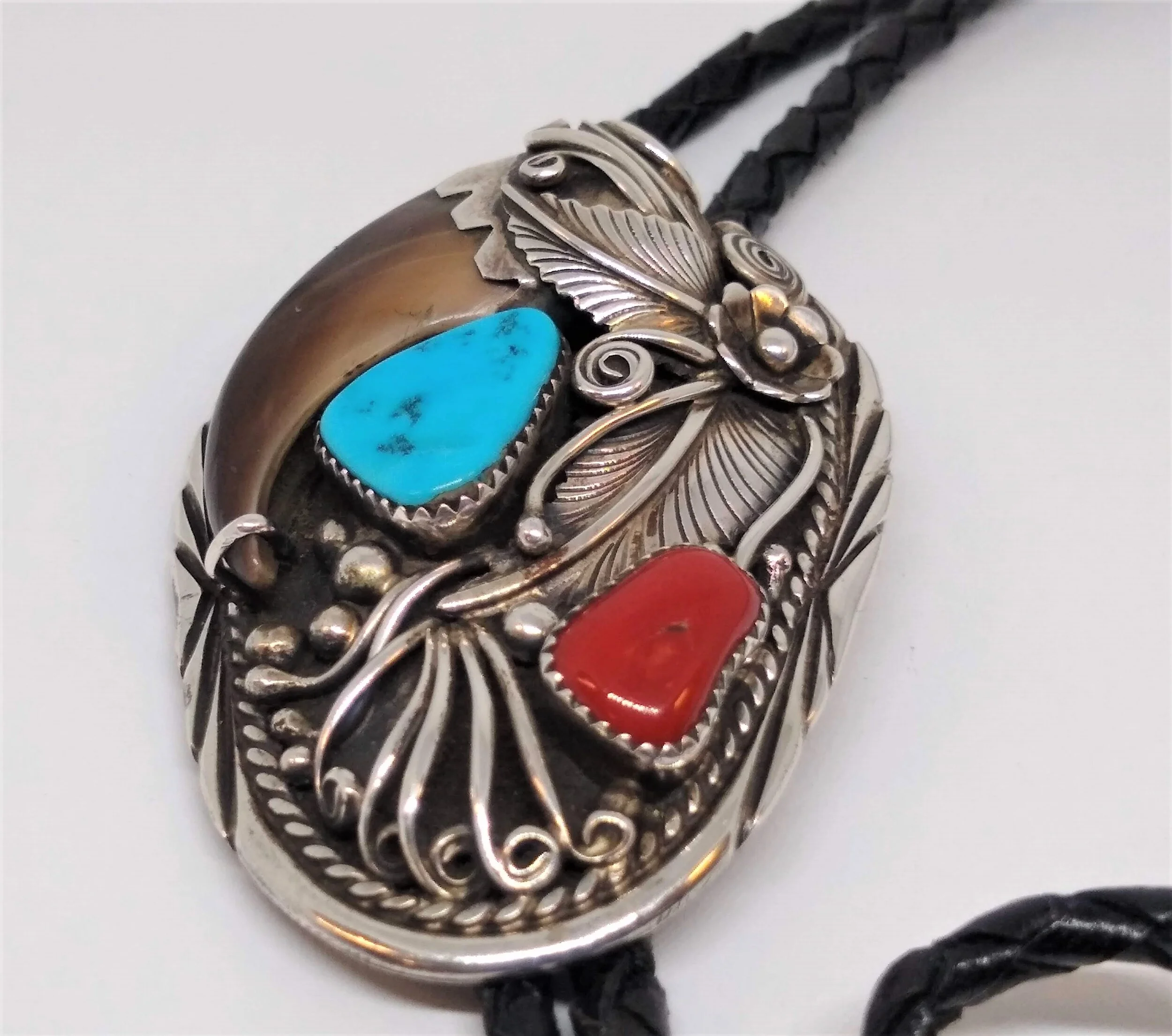 Lutricia Yellowhair, Sterling, Vintage, Bear Claw, Coral and Turquoise Bolla Tie