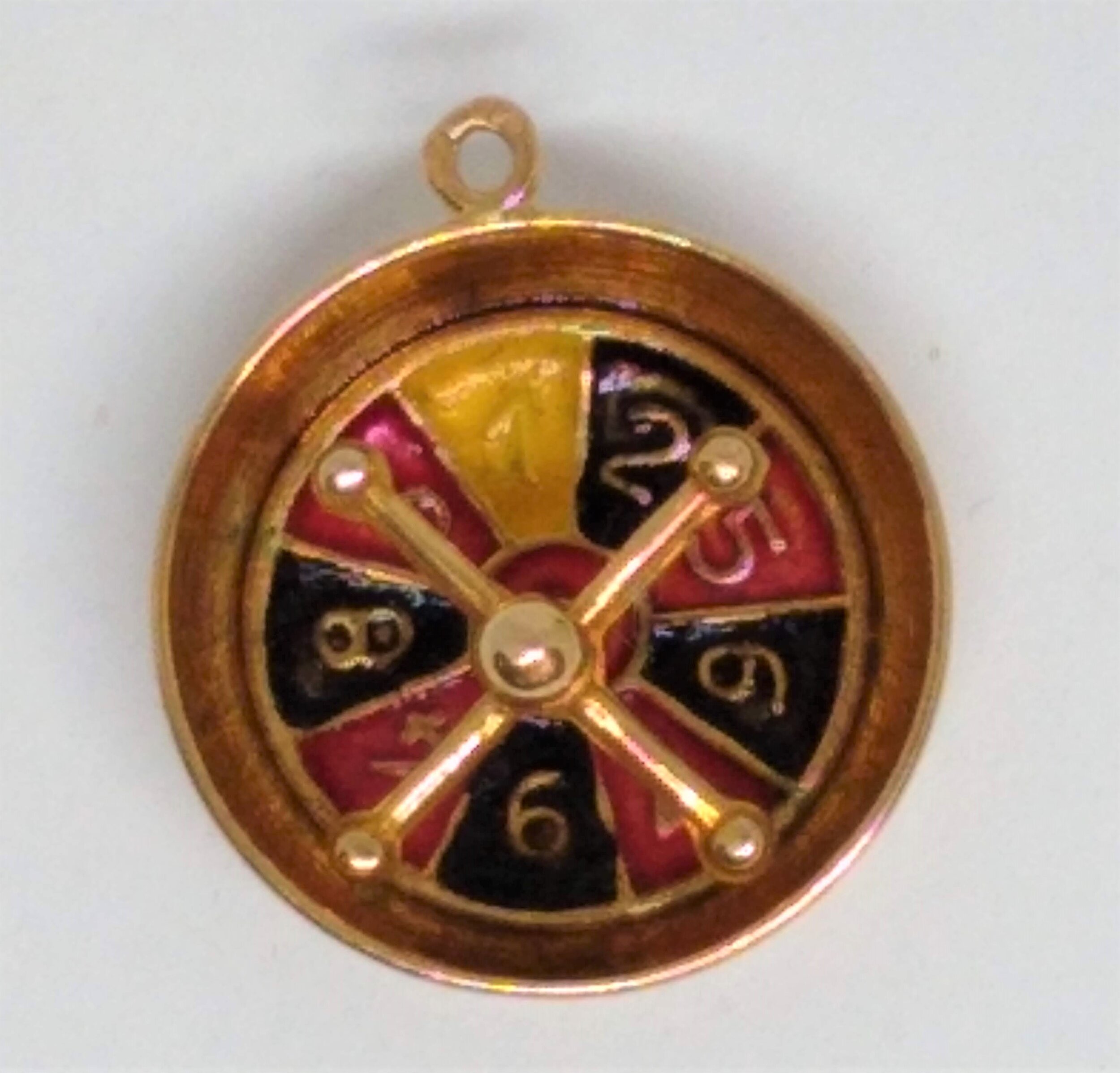 Gold Filled, 3-D,Roulette Wheel Charm with Painted Enamel Accents/ Moving Parts.
