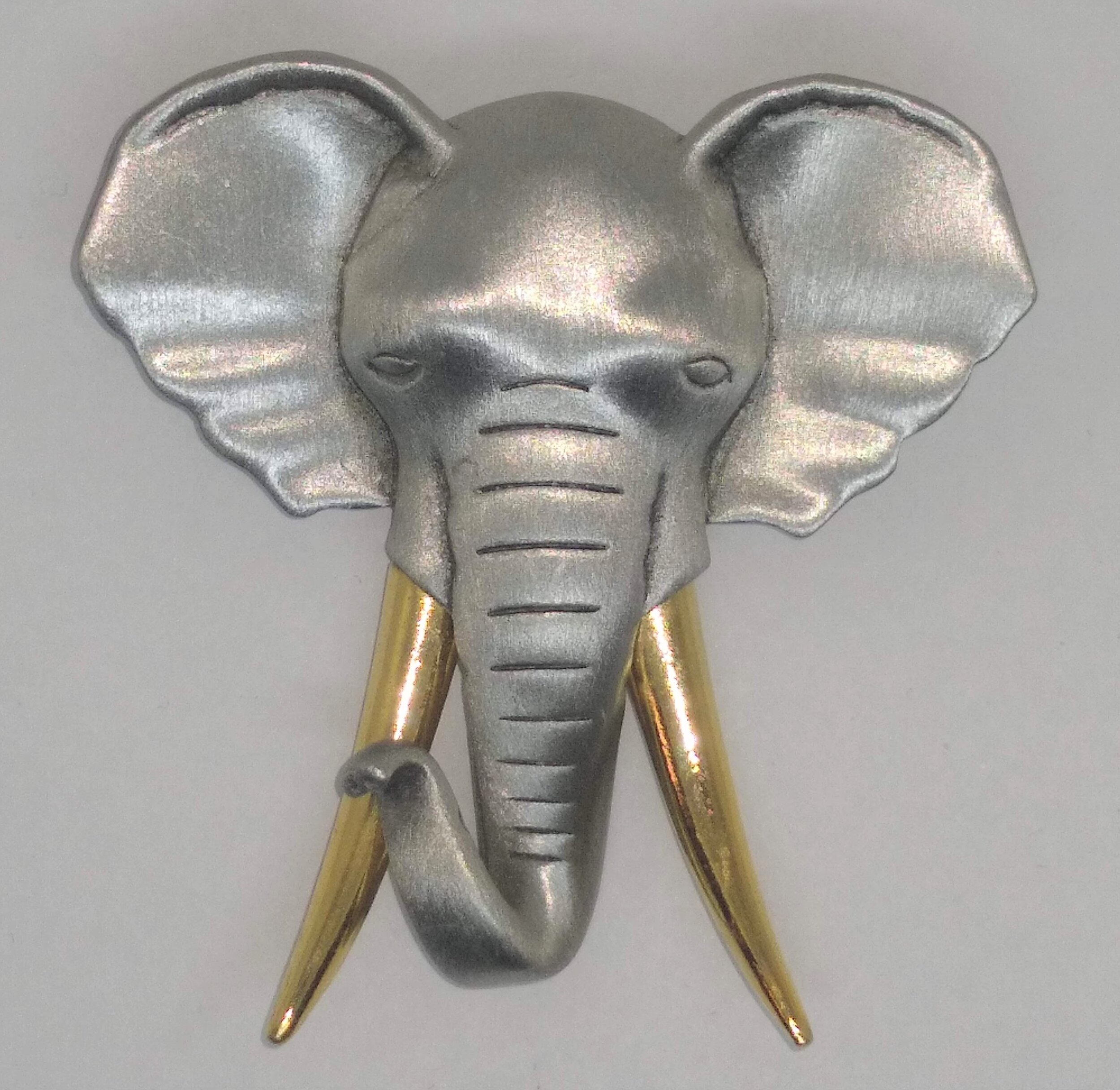 Jonette Jewelry (JJ) Vintage, large pewter and gold toned African elephant pin.