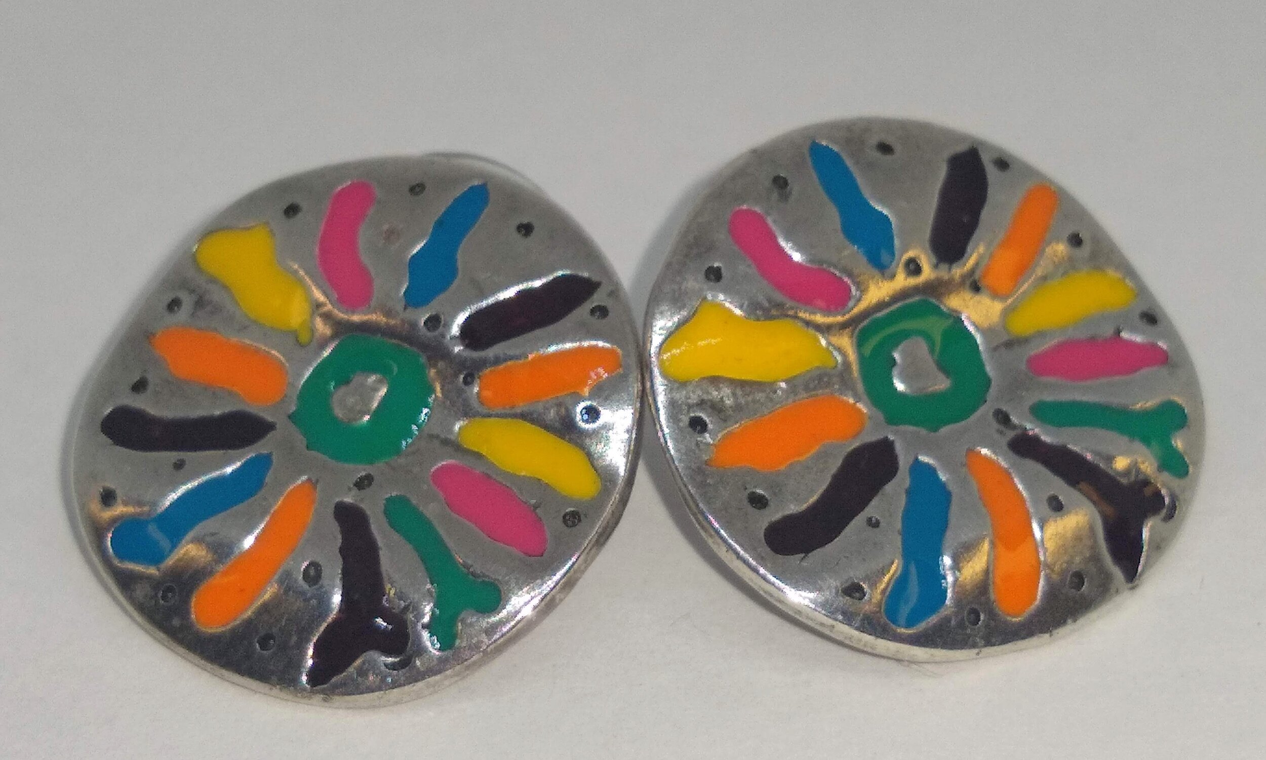 Artsy, Multi-colored, enamel, silver disc, button earrings.