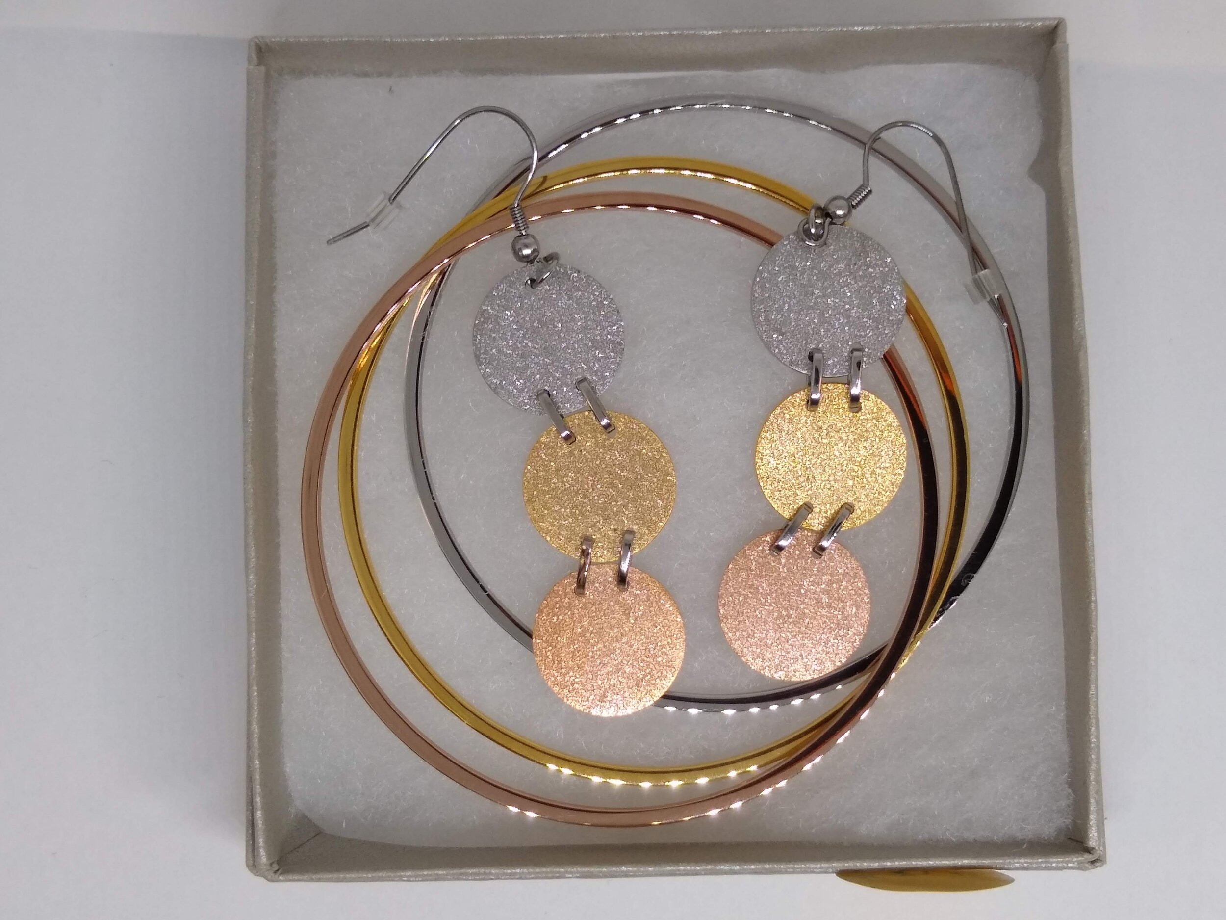 Chisel, Stainless Steel, Tri-color, Drop Earrings and 3 bangle set. New with box.