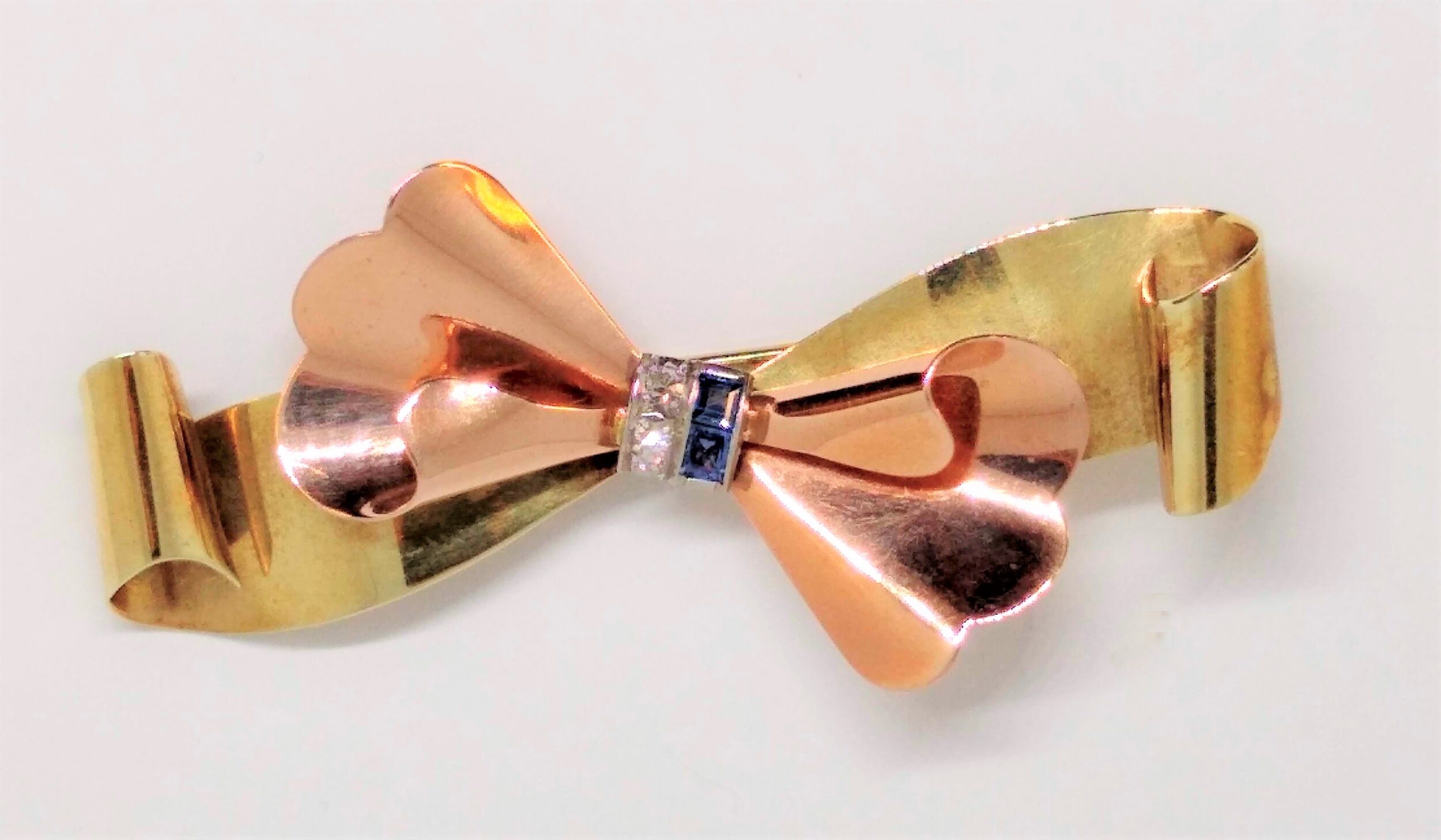 14K,Vintage, Pink and Green Gold, Ribbon Pin Accented w/ Diamonds and Sapphires.