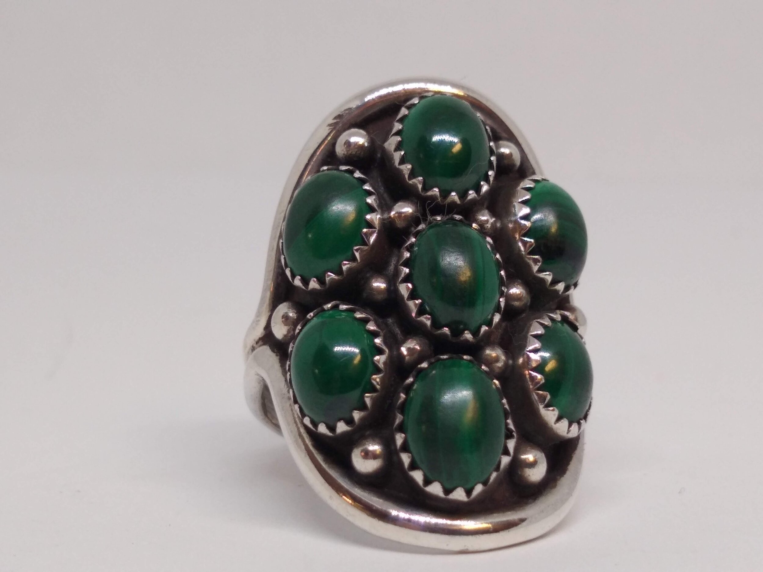 Native American, Sterling Silver, Malachite, Ring, Signed G. Size 10.5