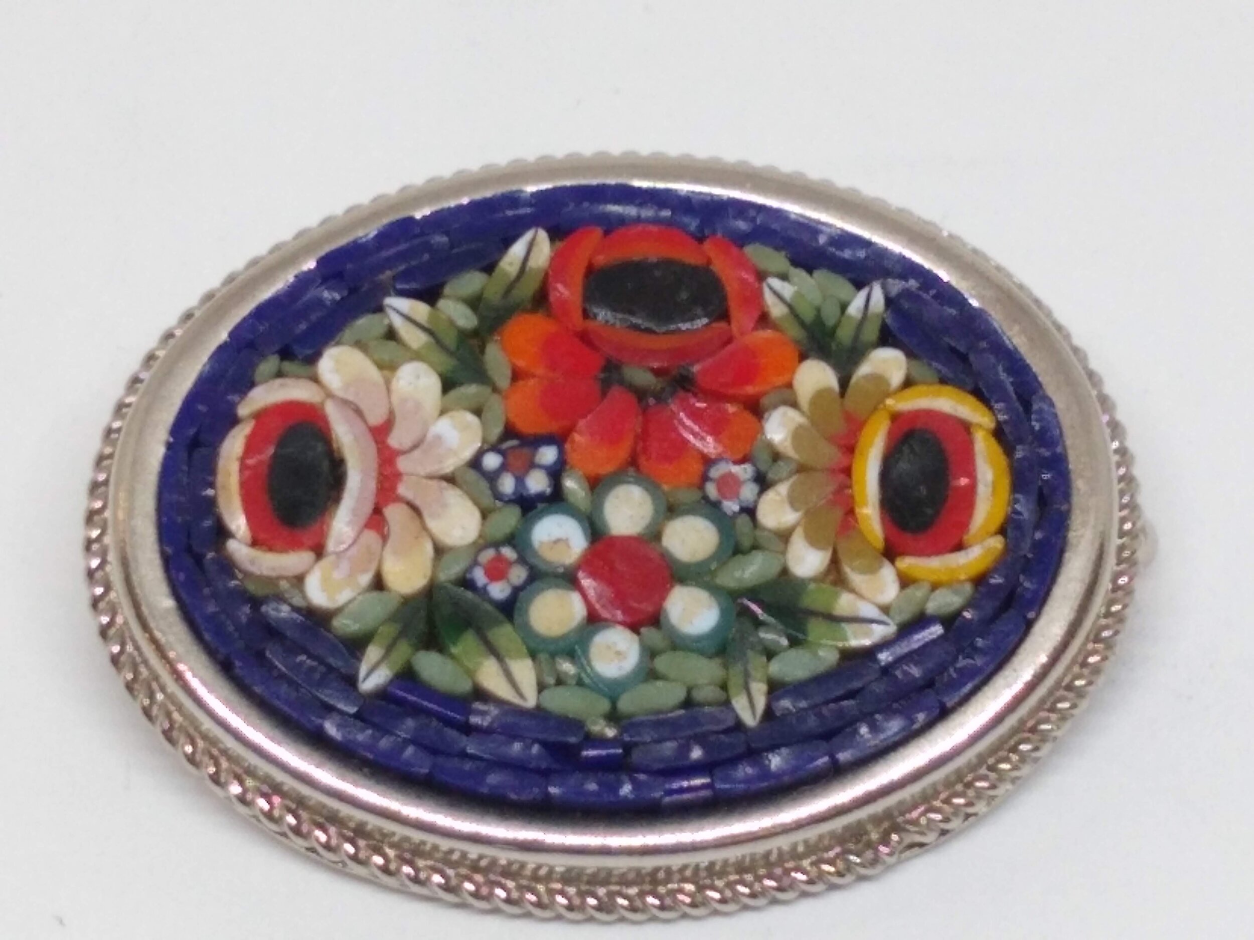 Micro Mosaic Floral Pin, Italy, in a silver tone setting.