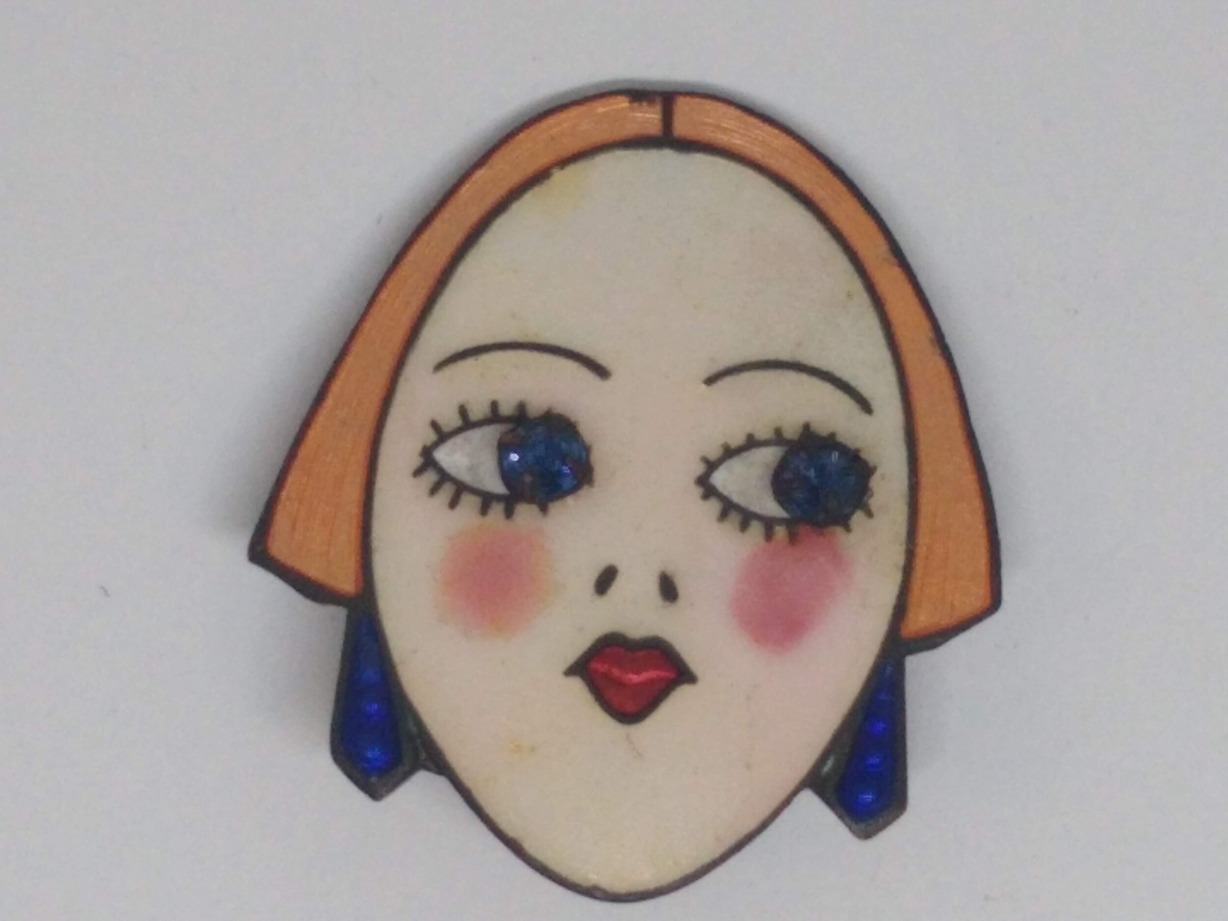 Enamel, Art Deco, Vintage, Flapper Girl Face, Pin.
