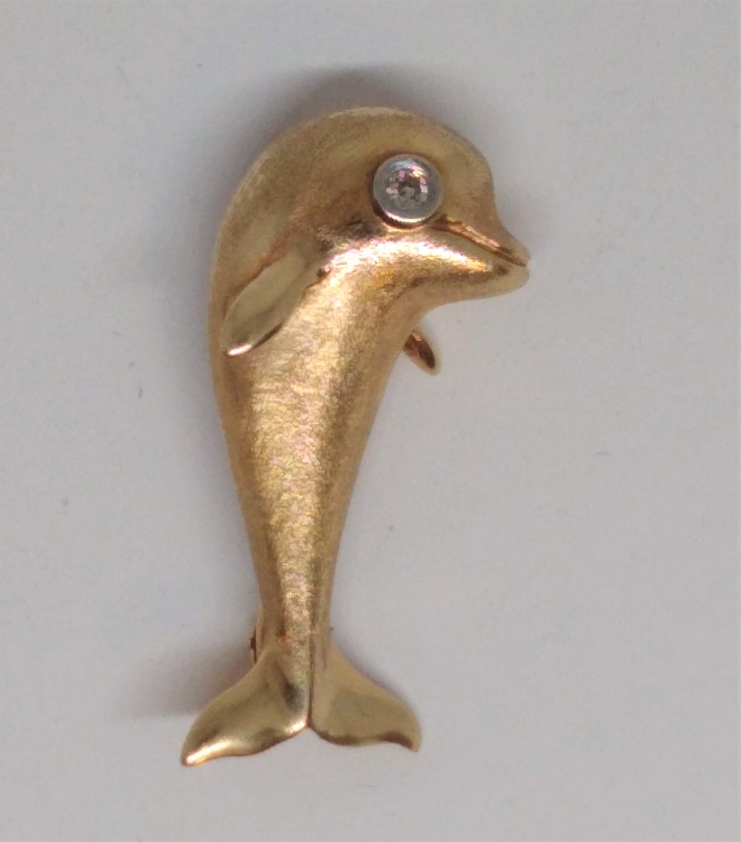 Vintage, 14K Yellow Gold, Dolphin Pin with Diamond Accent. Signed VER 14K