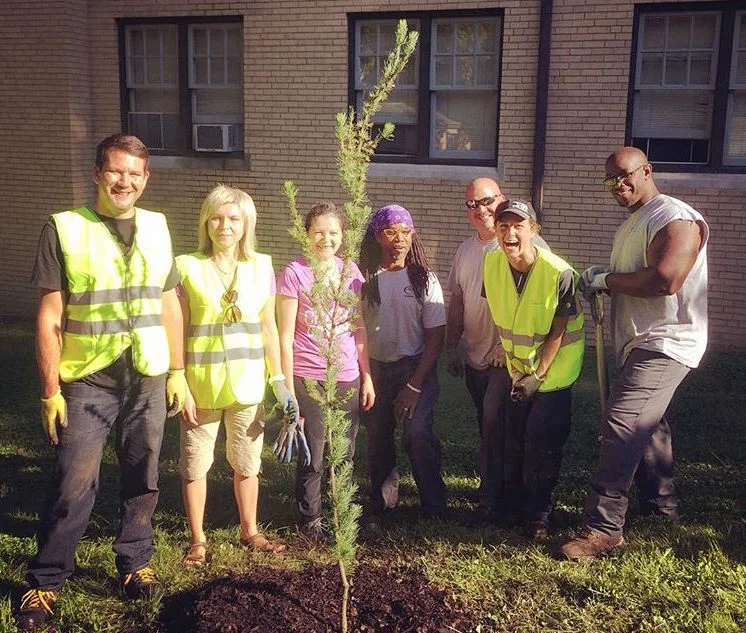(l to r) TreePittsburgh Director of Urban Forestry, Matt Erb; two visitors from Perm State University in Russia; Chatham gardeners James Rue and Mike Schneider; Kristen Spirl (second from right); Chatham gardener David Bell
