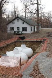 Barn and underground cistern tanks