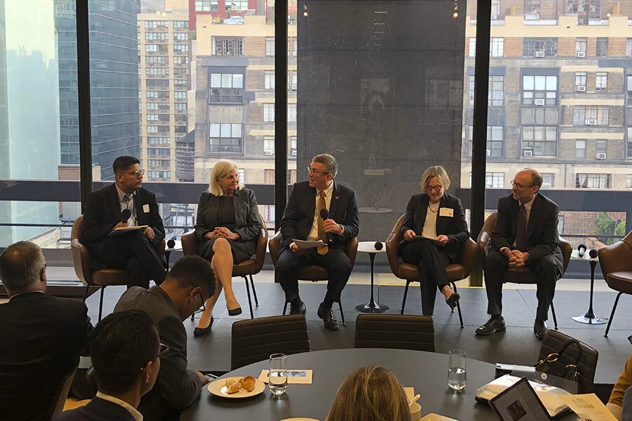 Moderator Ashok Regmi, far left, of the International Youth Foundation leads a "Spotlight on Pittsburgh" panel discussion during a United Nations Foundation event featuring, from left, Lisa Schroeder, president of the Pittsburgh Foundation, James Garrett, provost of Carnegie Mellon University, Ann Cudd, provost and senior vice chancellor of the University of Pittsburgh, and David Finegold, president of Chatham University.