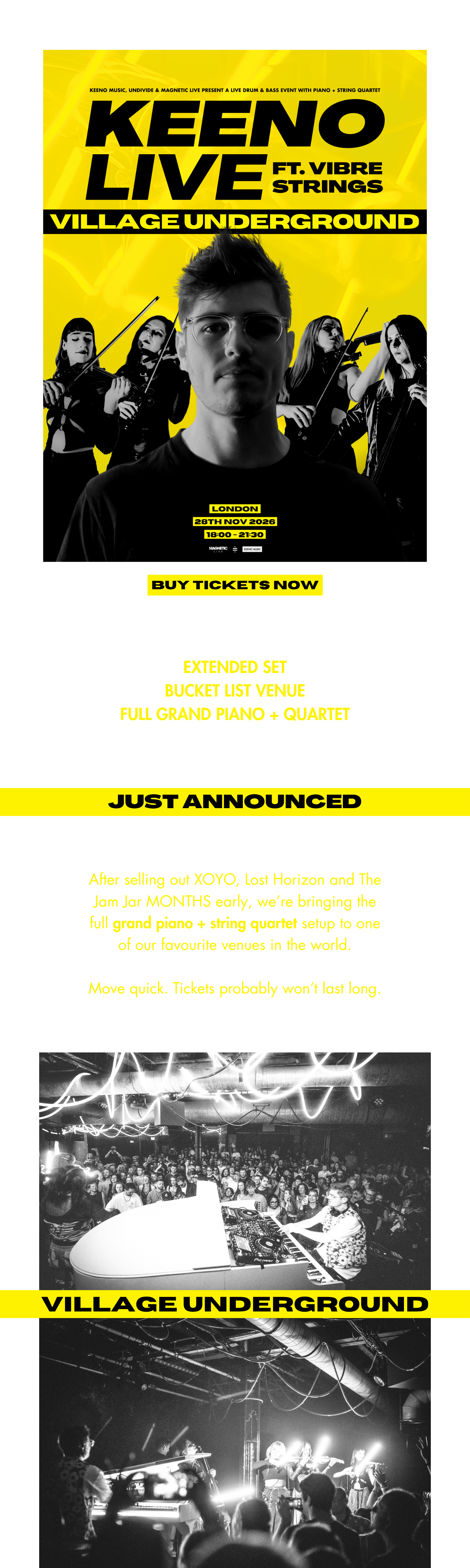 Promotional poster for a music event features a young man with glasses and black T-shirt, surrounded by female violinists, titled 'Keeno Live FT. Vibre Strings'. The event takes place in London on November 28, 2026, from 6:00 PM to 9:30 PM, at Village Underground. Includes a call to buy tickets, with images of a DJ setup and a live orchestra performance.