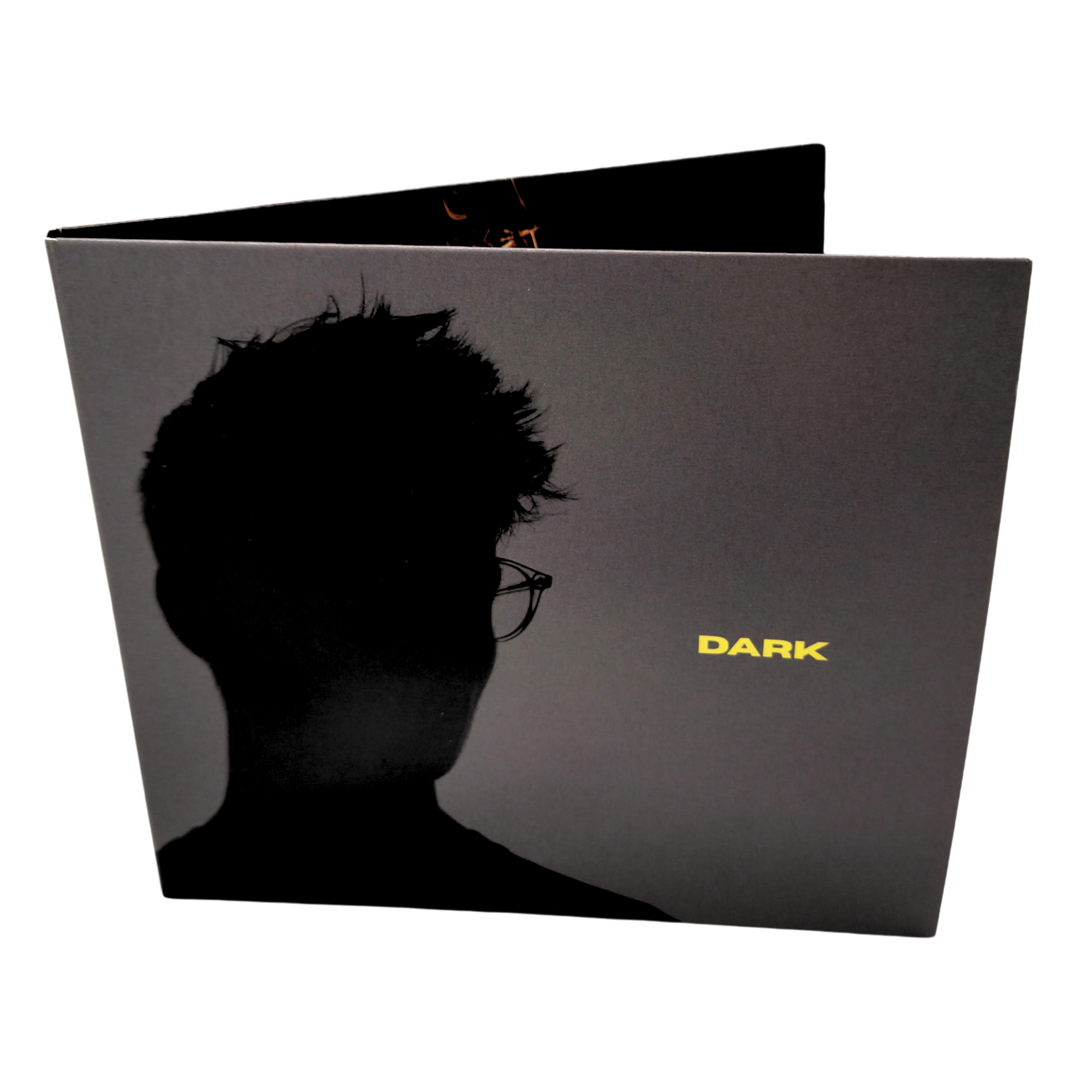 Silhouette of a person with glasses, hair sticking up, with a dark background and yellow text that reads 'DARK'.