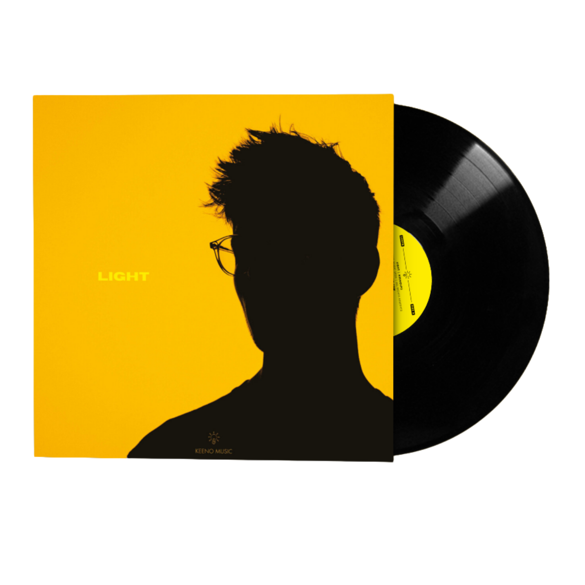Silhouette of a person's head with glasses on yellow background, black vinyl record next to it, text says 'Light' and 'Keeno Music'.