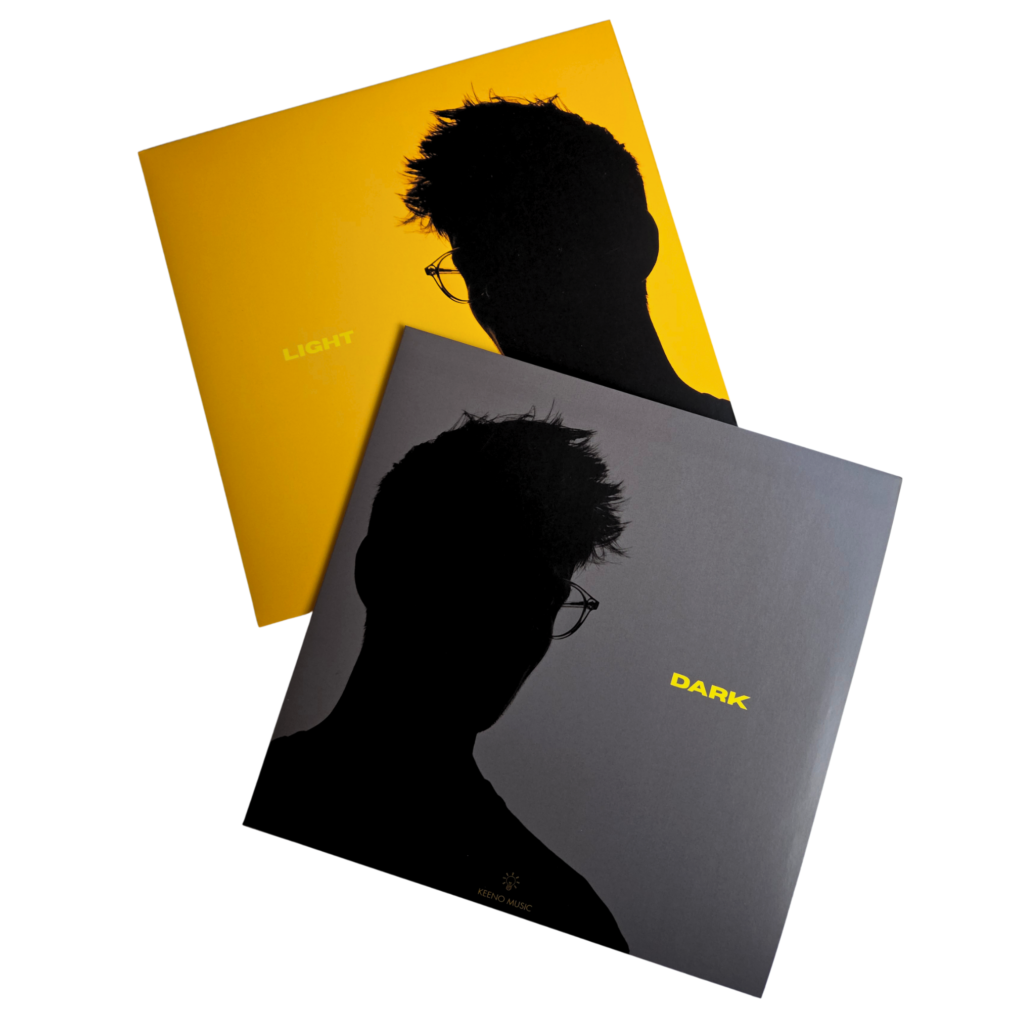 Silhouettes of a man with glasses and messy hair on yellow and gray background covers with the words 'LIGHT' and 'DARK'