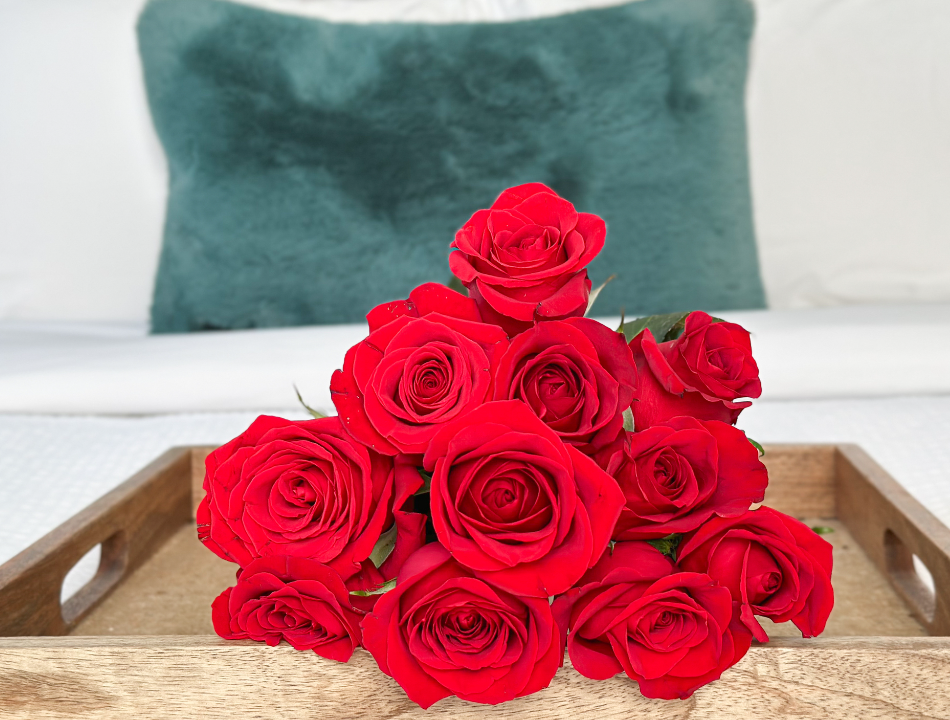 Half dozen red roses on a wooden tray on a bed with white linens and a teal velvet pillow