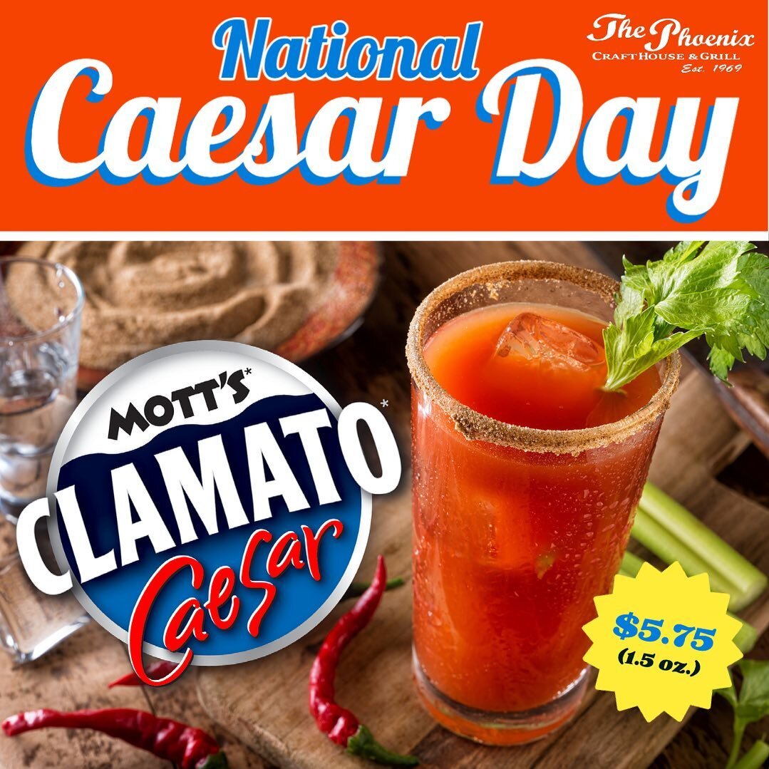 🎉HAPPY NATIONAL CAESAR DAY🎉 Did you know the Caesar was invented in 1969? The same year The Phoenix opened its doors! Come celebrate a Canadian classic for just $5.75! 🍻
&bull;
Sponsored by @mottsclamatocaesar