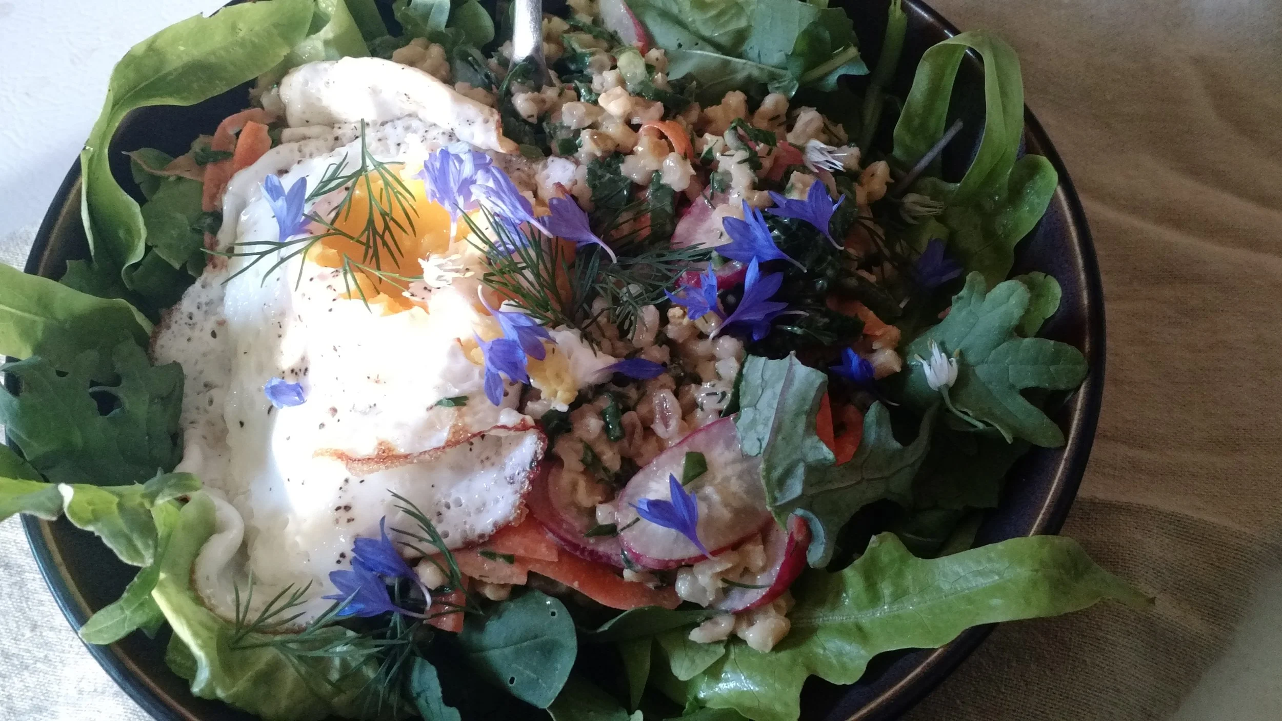 Seasonal barley salad on a bed of greens