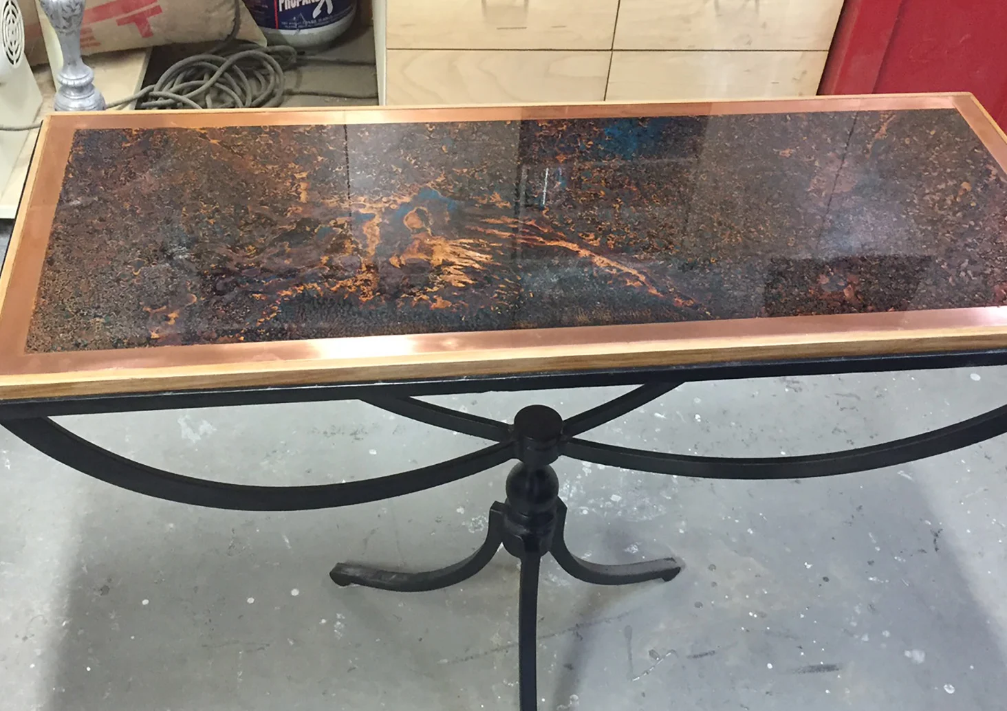 Console table top of copper that has been hand patinaed to a mesmerizing tigers eye effect.